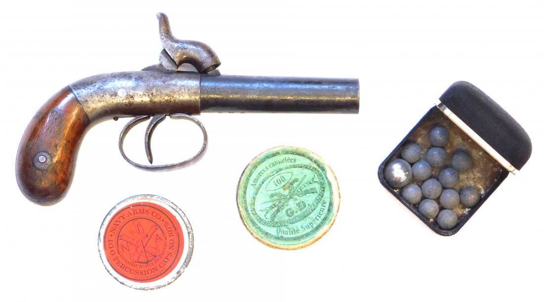 Single shot boot percussion pistol, not working, with: Single shot boot percussion pistol, not working, with two containers of caps and one box of balls, most likely made by Allen & Thurber or Bacon Co., housed in Henry Deringer collectible box, wear cons