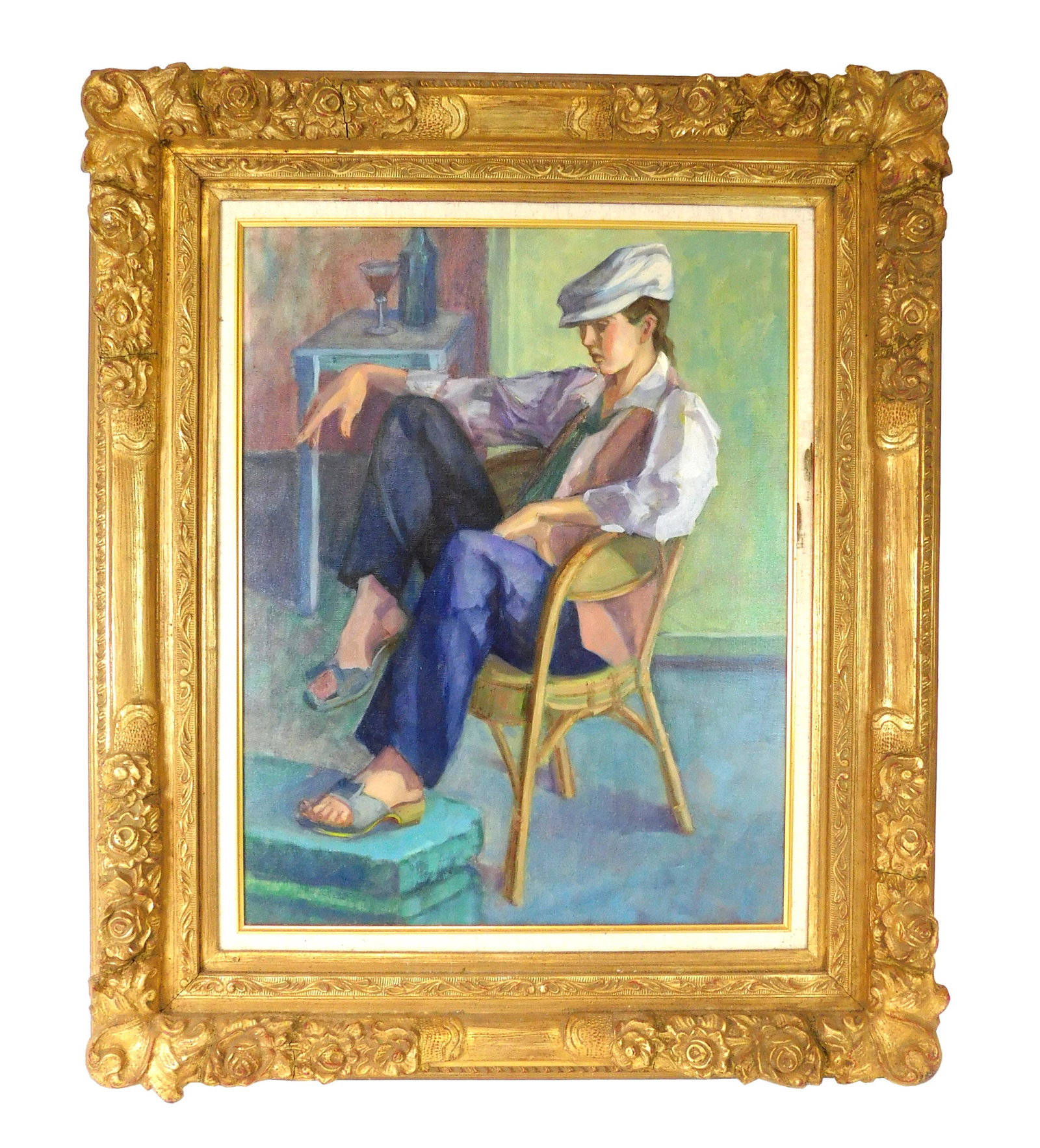 Unsigned oil on canvas, portrait of woman in: Unsigned oil on canvas, portrait of woman in male-presenting posture and clothes like a newsboy cap and vest with tie, she's seated with feet raised on stack of books, one sits higher than the other w