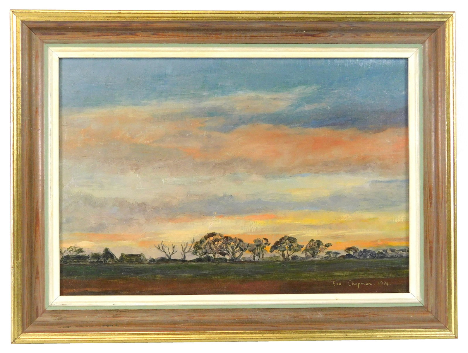 Eva Chapman (English, 20th C.), oil on board, sunset or: Eva Chapman (English, 20th C.), oil on board, sunset or sunrise landscape, rich tones fill the sky above backlit trees in distance, signed and dated 1974 lower right, label affixed verso, not examined