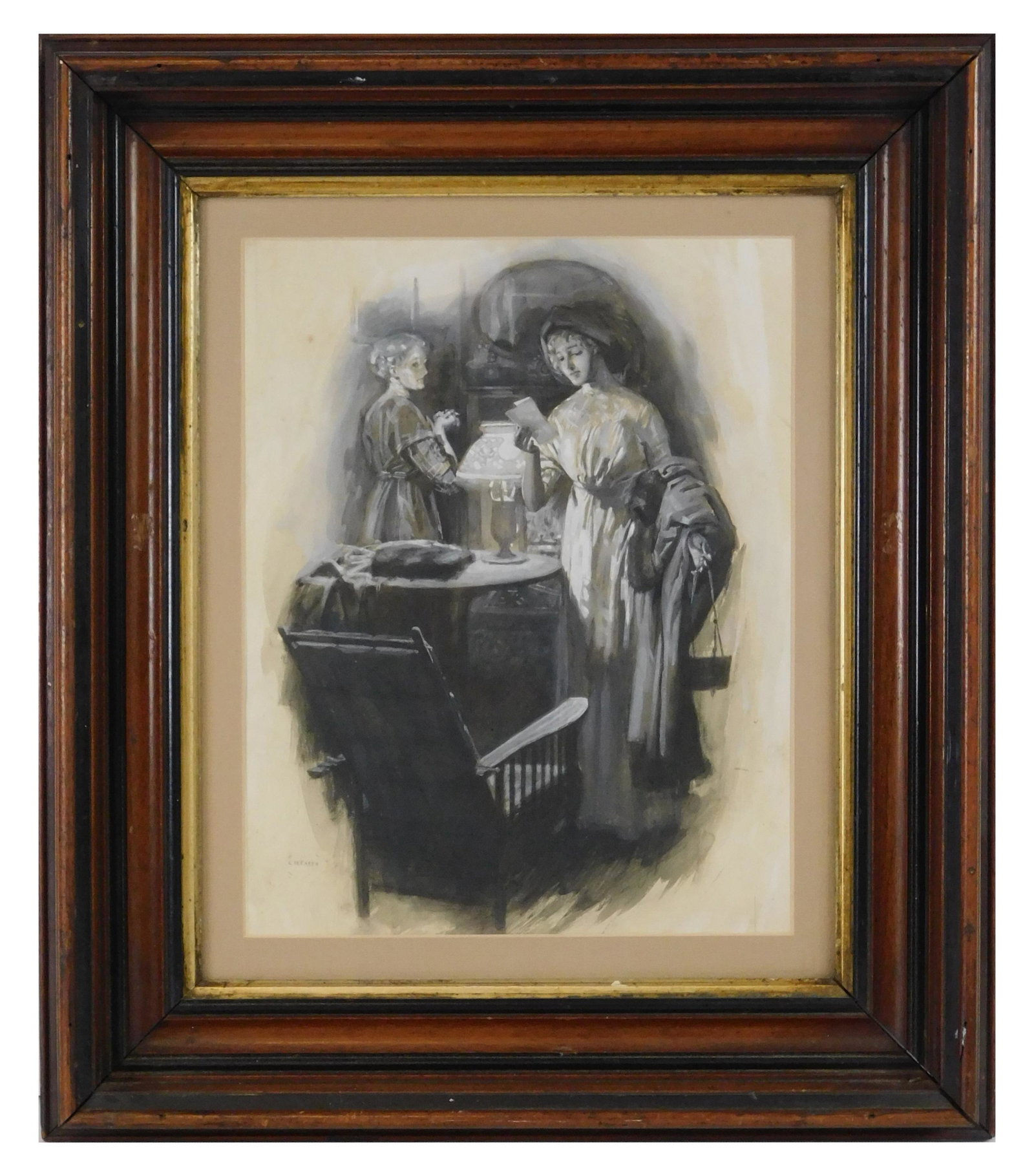 Charles H. Taffs (English/American, 1876-1974),: Charles H. Taffs (English/American, 1876-1974), illustration with inkwash and white gouache on paper, depicts two women, one holds a piece of paper, and older woman stands behind looking at other woma