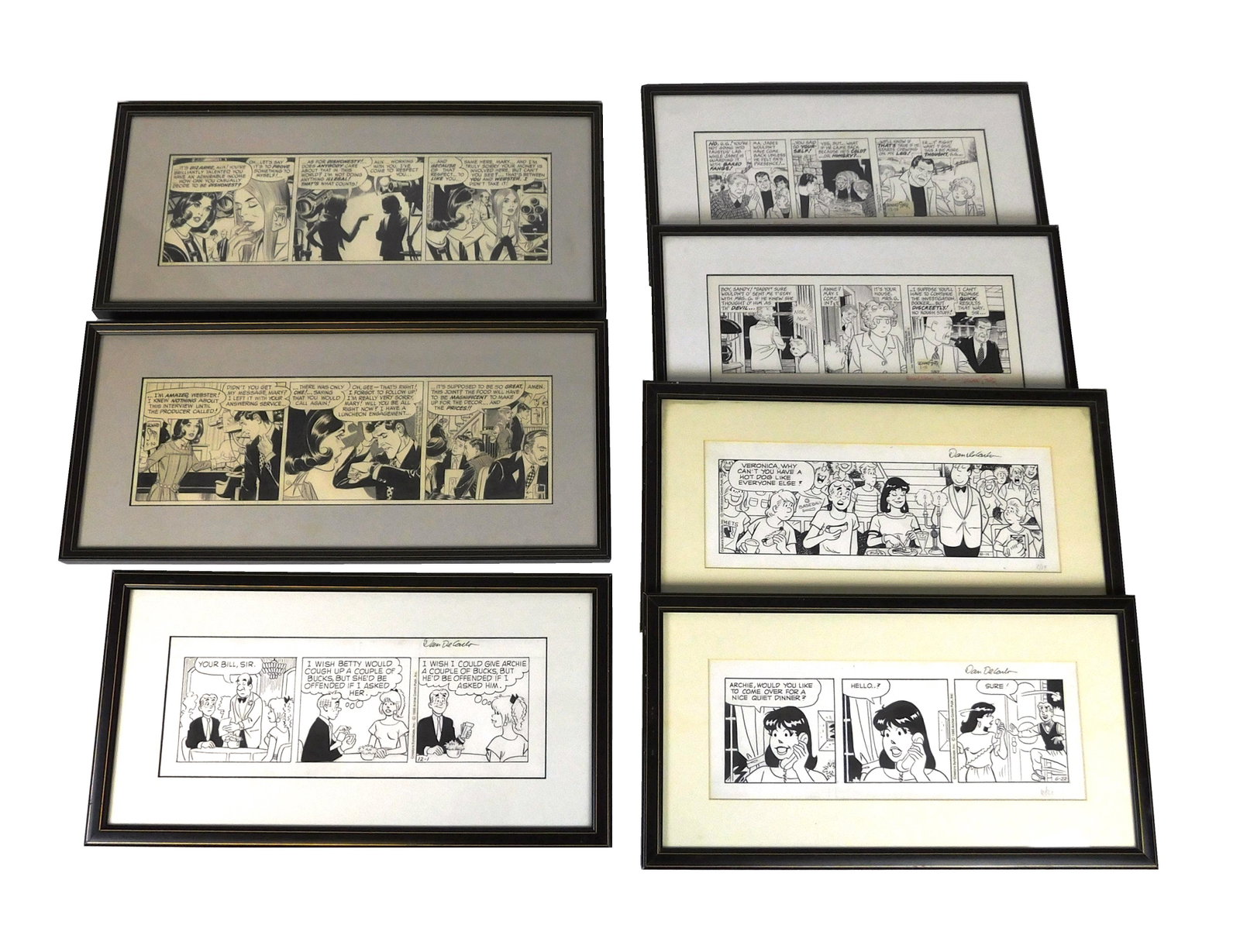 Seven original comic illustrations by King Syndicate,: Seven original comic illustrations by King Syndicate, most artist signed, two "Annie", 1993, signed by Leonard Starr; two "On Stage", 1968; and three "Archie", 1990, signed by Dan de Carlo, all framed