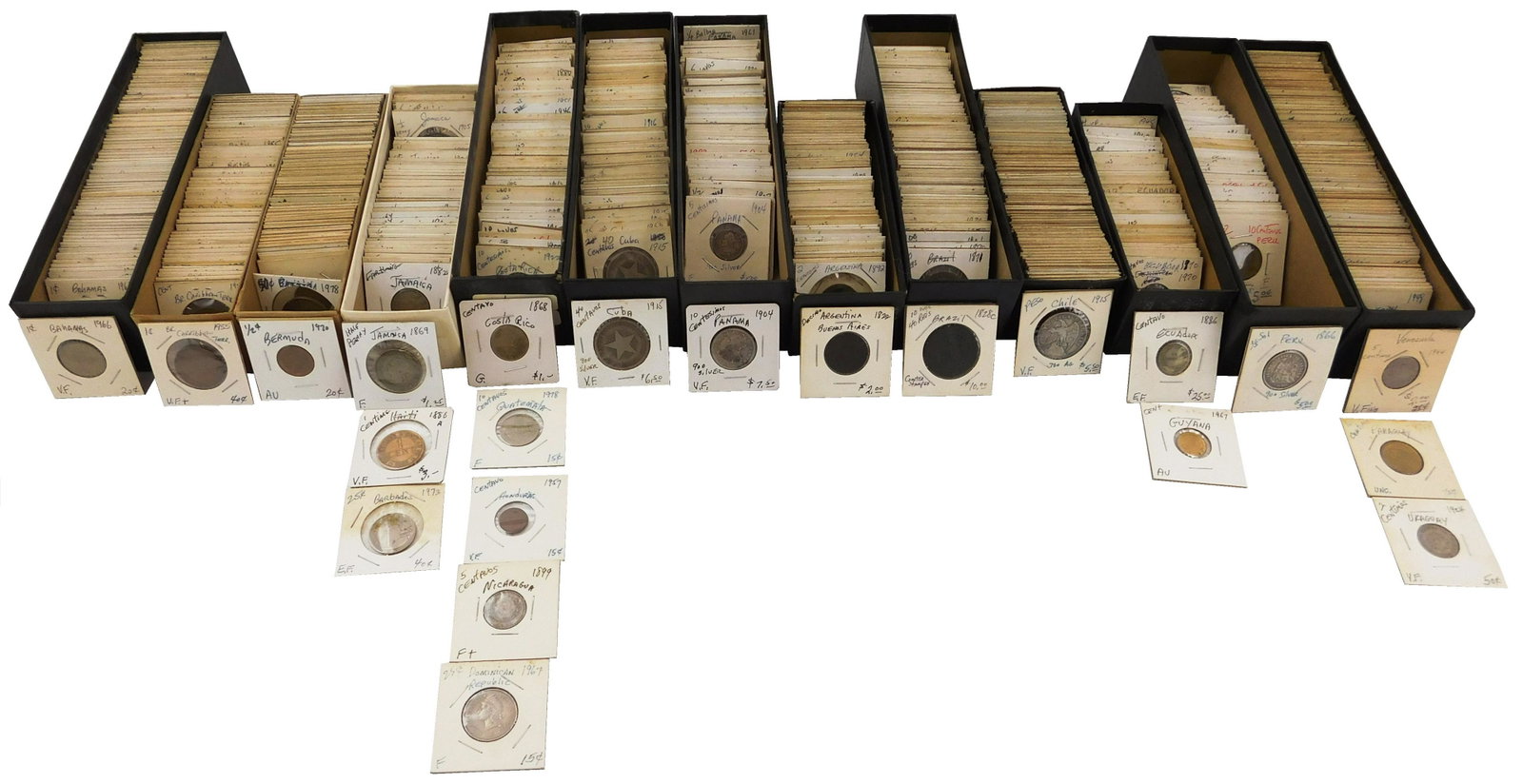COINS: Approximately 400 to 550 South and Central: COINS: Approximately 400 to 550 South and Central American coins, including: Panama, Argentina, Peru, Brazil, etc., early 1800s to 1970s, also included are Caribbean, Cuban, and Jamaican coins; all gr