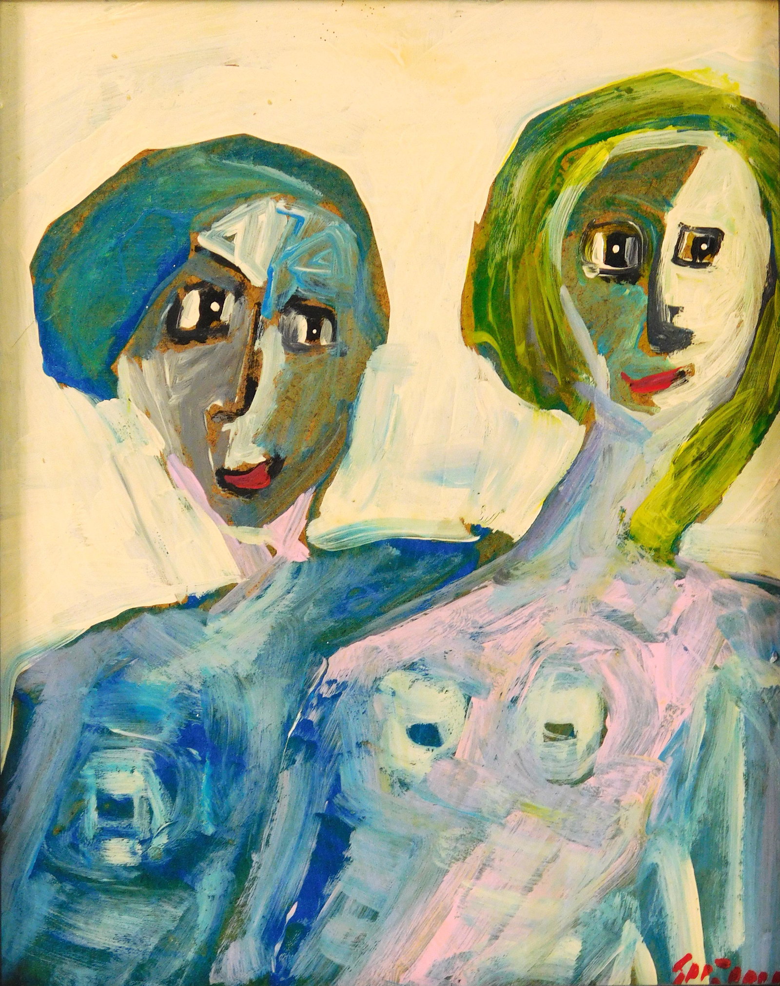 Juan Guzman-Maldonado (American/Chile, b. 1948),: Juan Guzman-Maldonado (American/Chile, b. 1948), acrylic on board, "Marlo x Carla", two nude women depicted from the waist up, one with blonde hair and pinkish skin tone, the other behind her with sho