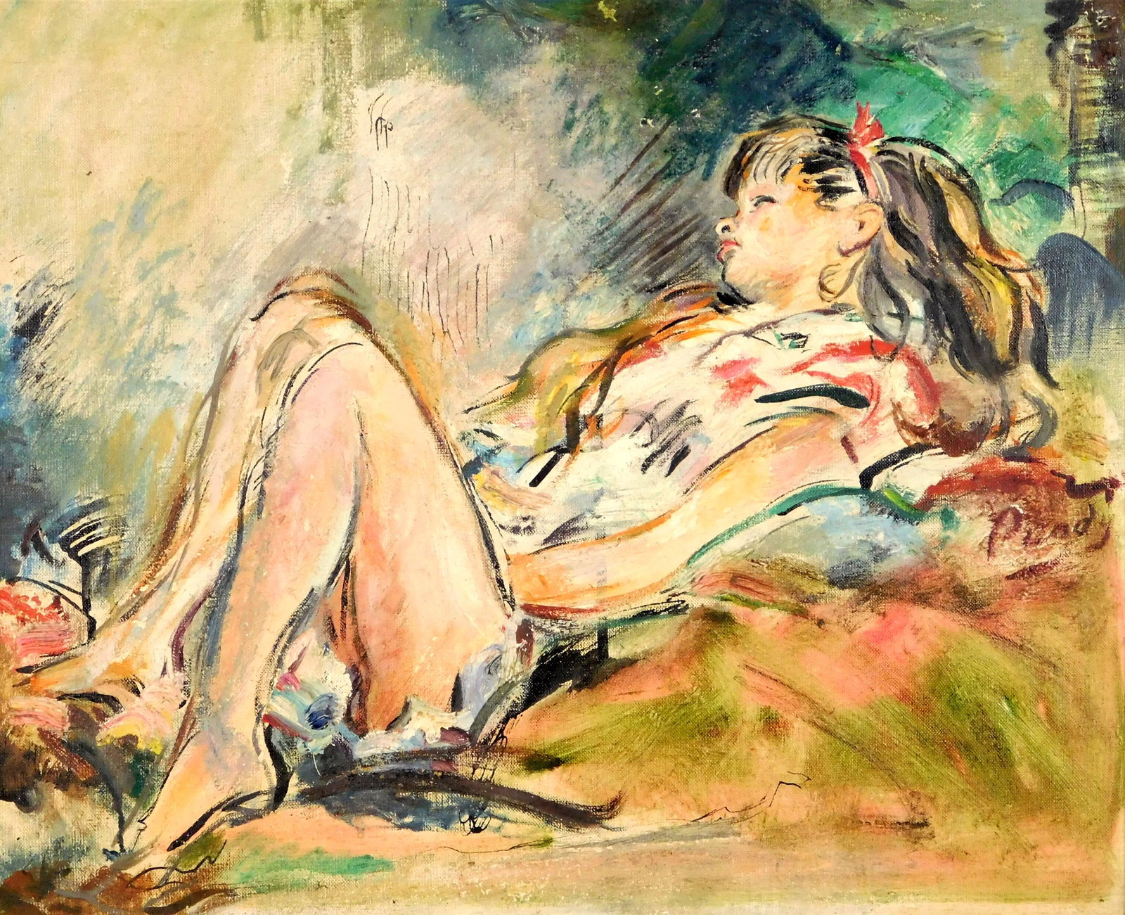Levitt Purdy (American, 1902-1962), oil on canvas,: Levitt Purdy (American, 1902-1962), oil on canvas, reclining woman in colorful dress, red ribbon in her hair, she reposes against many abstracted tones, signed center right, verso inscribed as "H.L. P