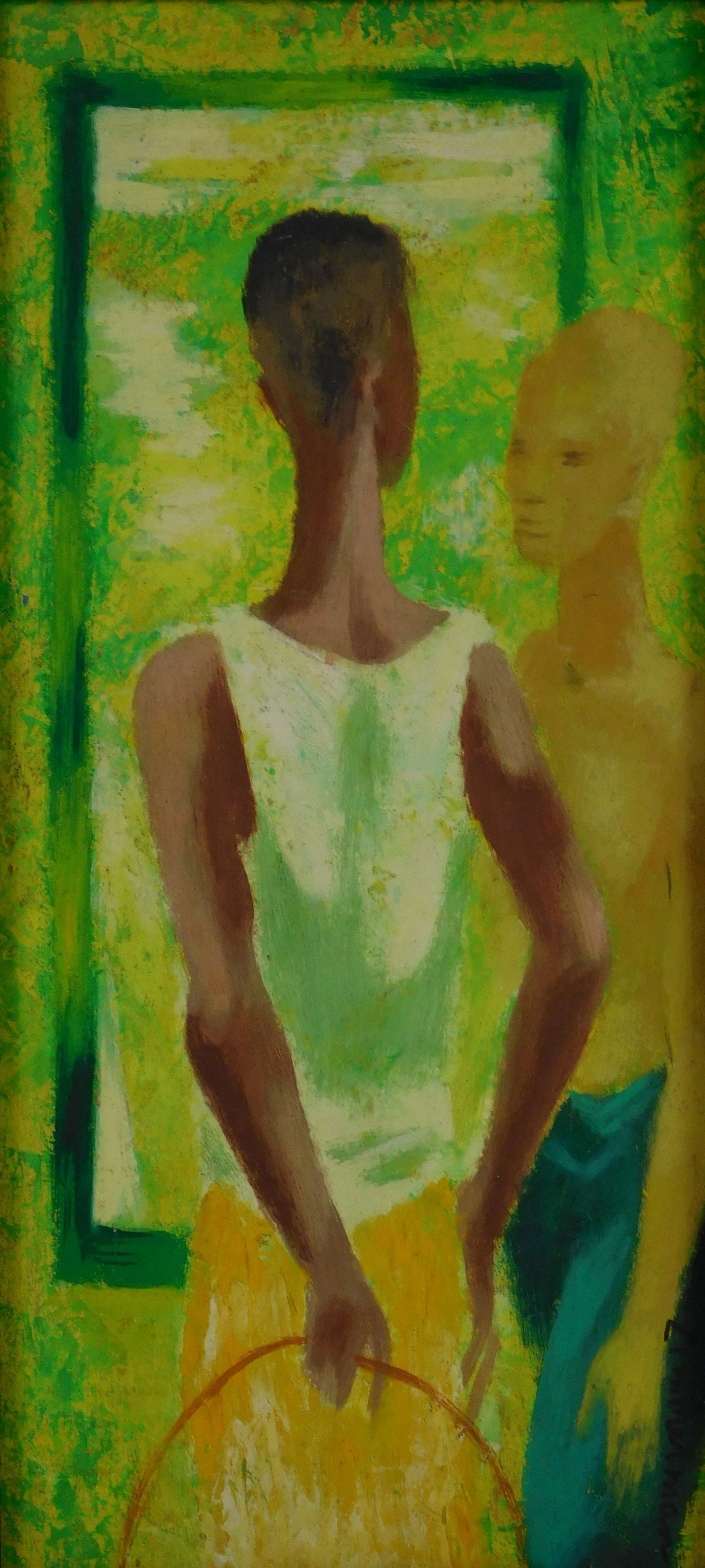 Oil on panel, two young men against vibrant green (1 of 3)