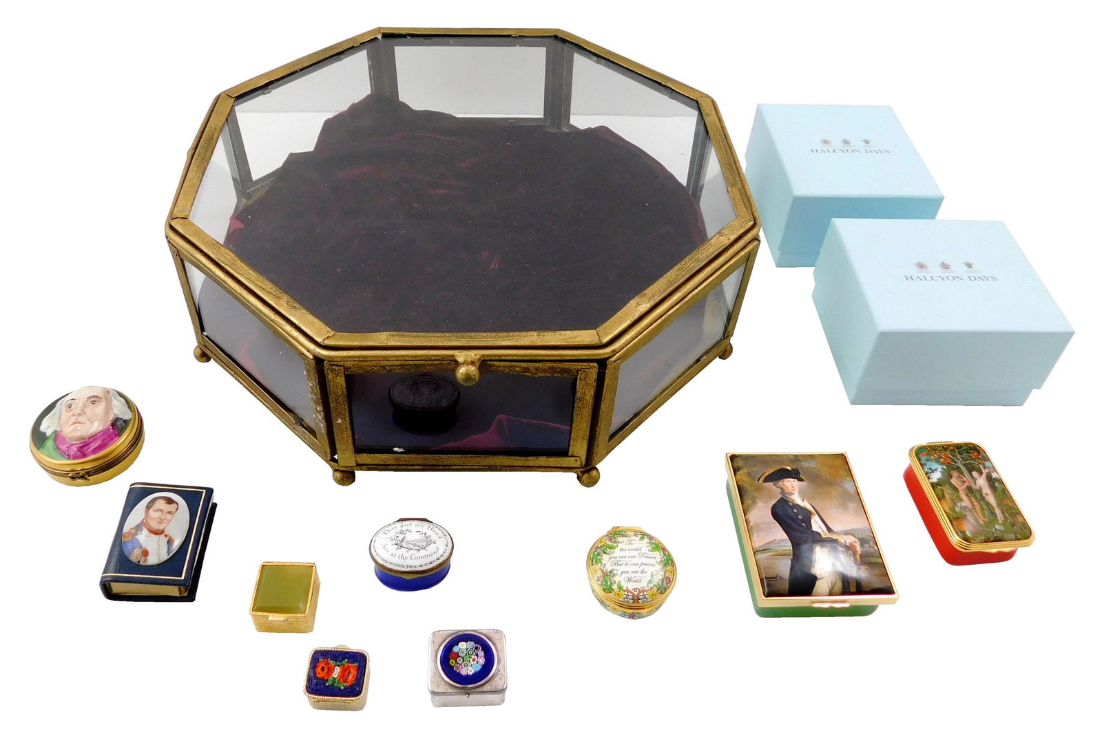 Halcyon Days Enamels, Limoges, etc. in glass case, nine (1 of 6)