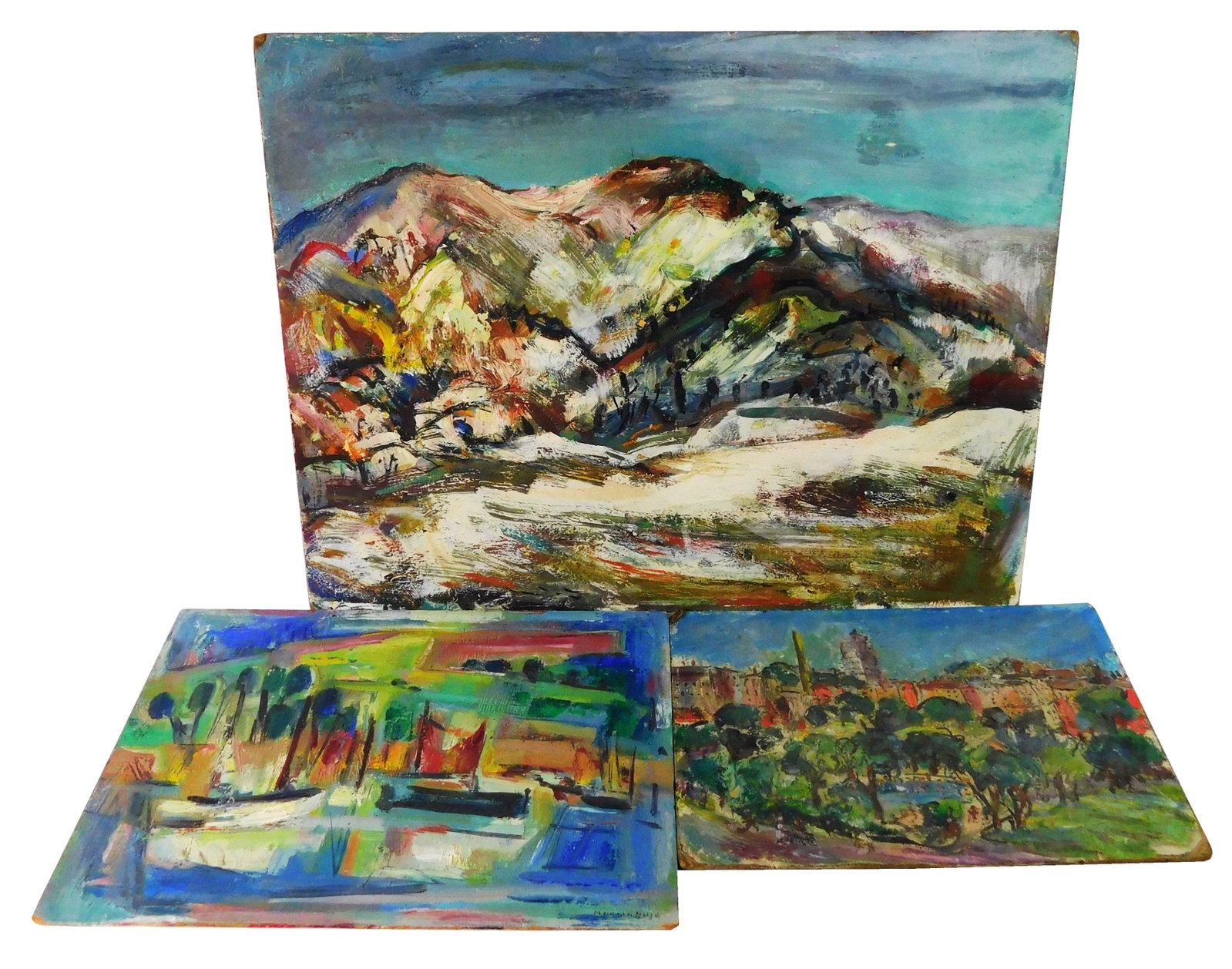 Marion Huse (American, 1896-1967), three unframed oil: Marion Huse (American, 1896-1967), three unframed oil on boards: "Summer In The Park", oil on cardboard, unsigned, viewer overlooks park, a swimming area is filled with figures and surrounded by large
