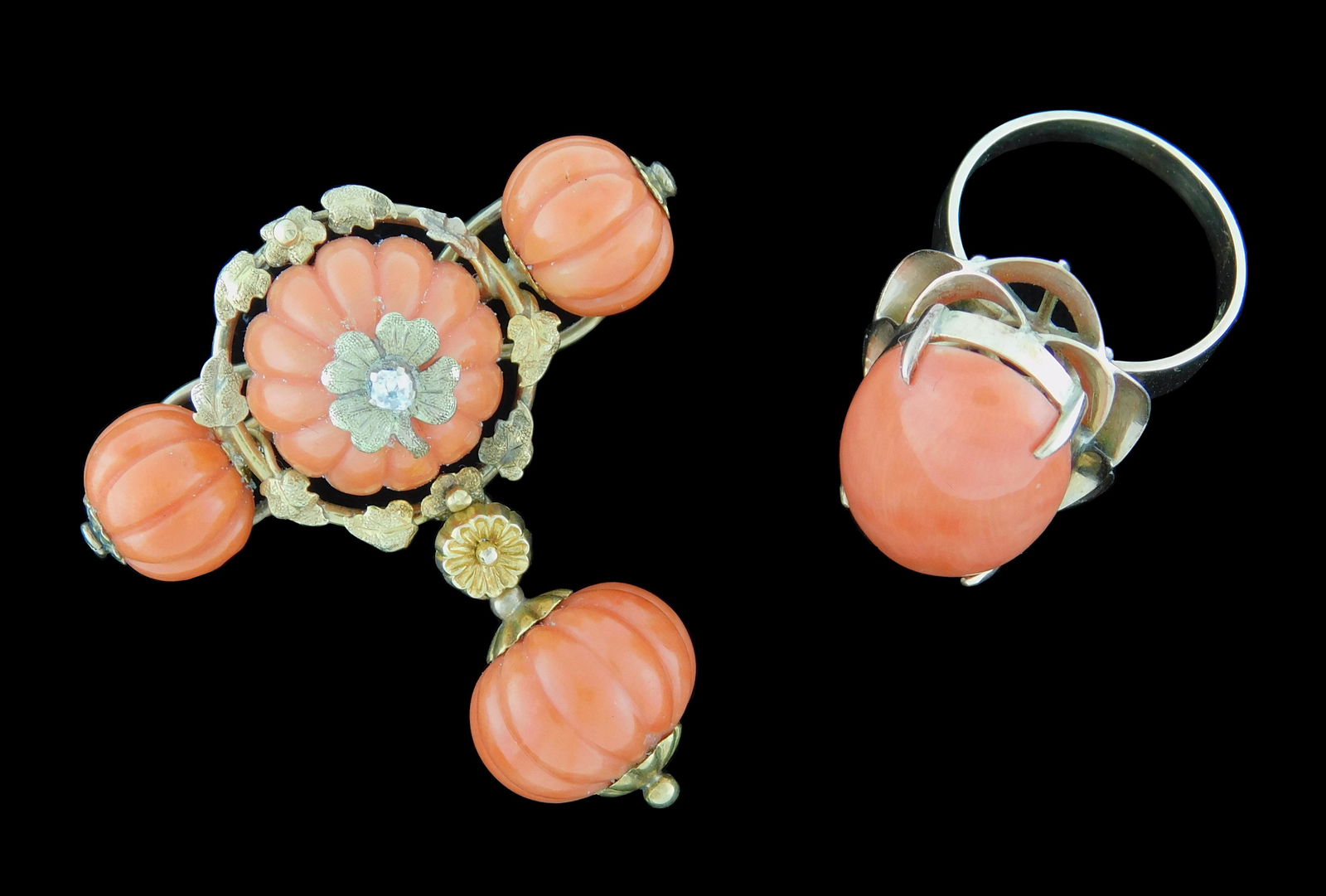 JEWELRY: 18K Coral Brooch and Ring: Victorian coral (1 of 4)