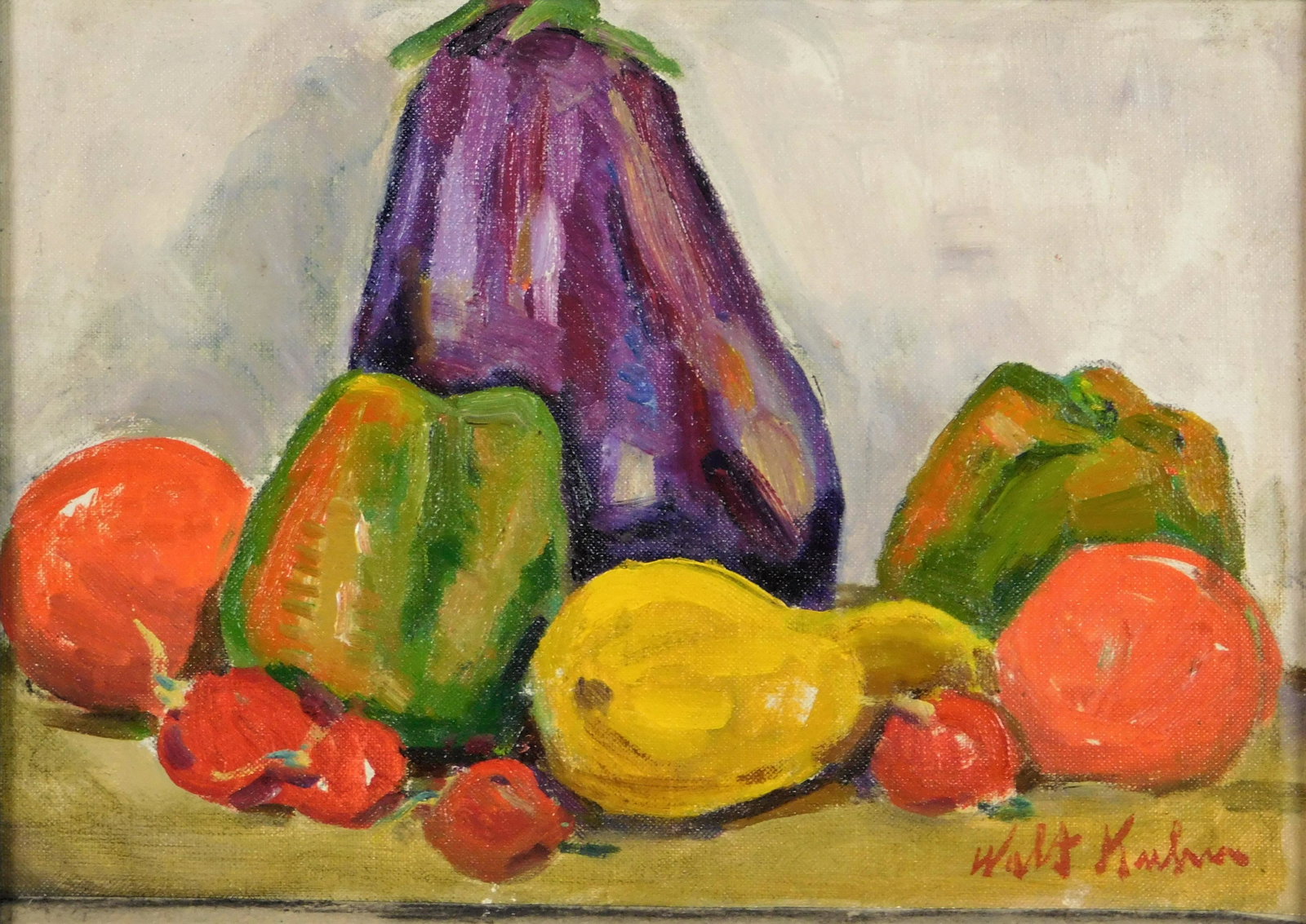 20th C. still life, bears signature lower right "Walt: 20th C. still life, bears signature lower right "Walt Kuhn", oil on panel, many fruits and vegetables depicted, including large eggplant, green peppers, small red peppers, and others, not examined out