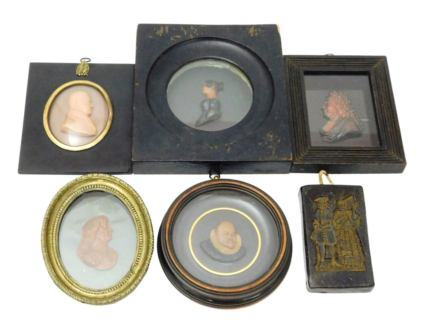 Six wax carvings, 19th C., most busts or profiles, one (1 of 7)