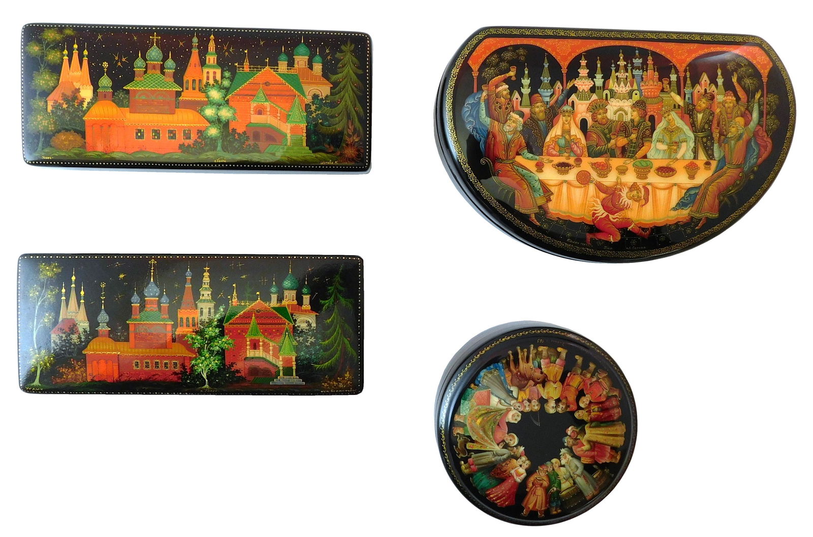 Russian hand-painted lacquer boxes, group of four (1 of 10)