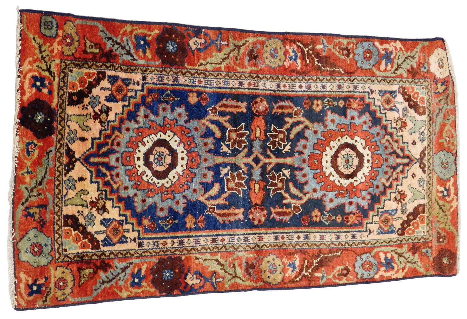 RUG: Antique Northwestern Persian Scatter, 4'7" x 2'5",: RUG: Antique Northwestern Persian Scatter, 4'7" x 2'5", wool on cotton, navy field with scarlet border, wear consistent with age and use, including over casted ends, rebound, but good condition overal