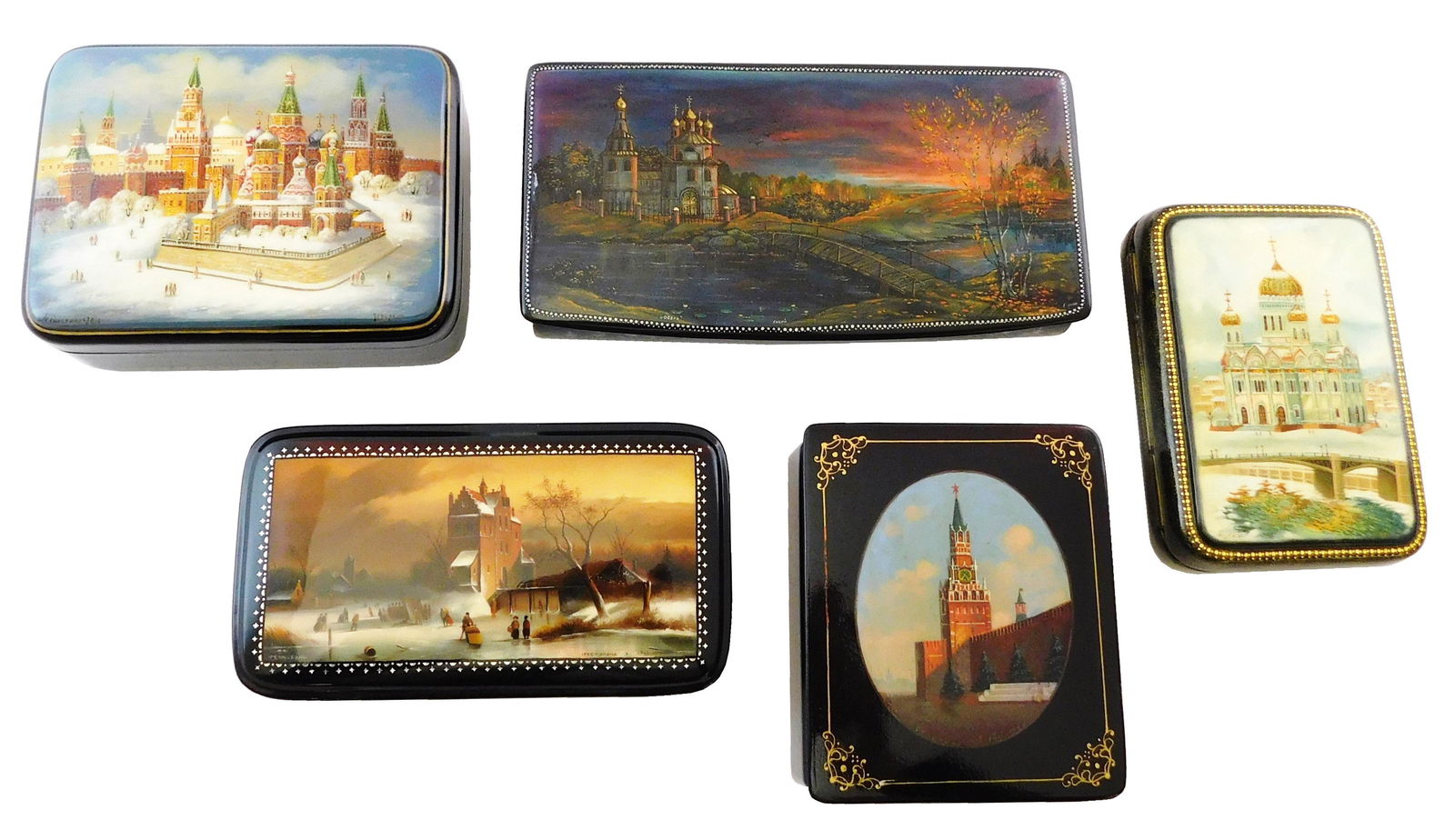 Russian hand-painted lacquer boxes, group of five with (1 of 6)