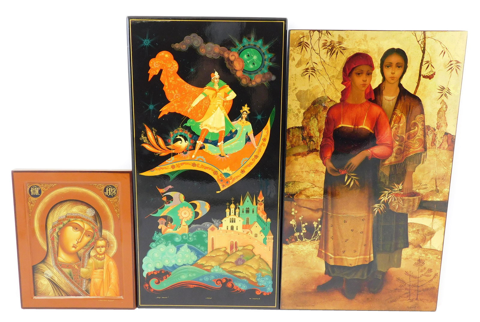 Three Russian lacquer plaques, one an Icon of the (1 of 9)