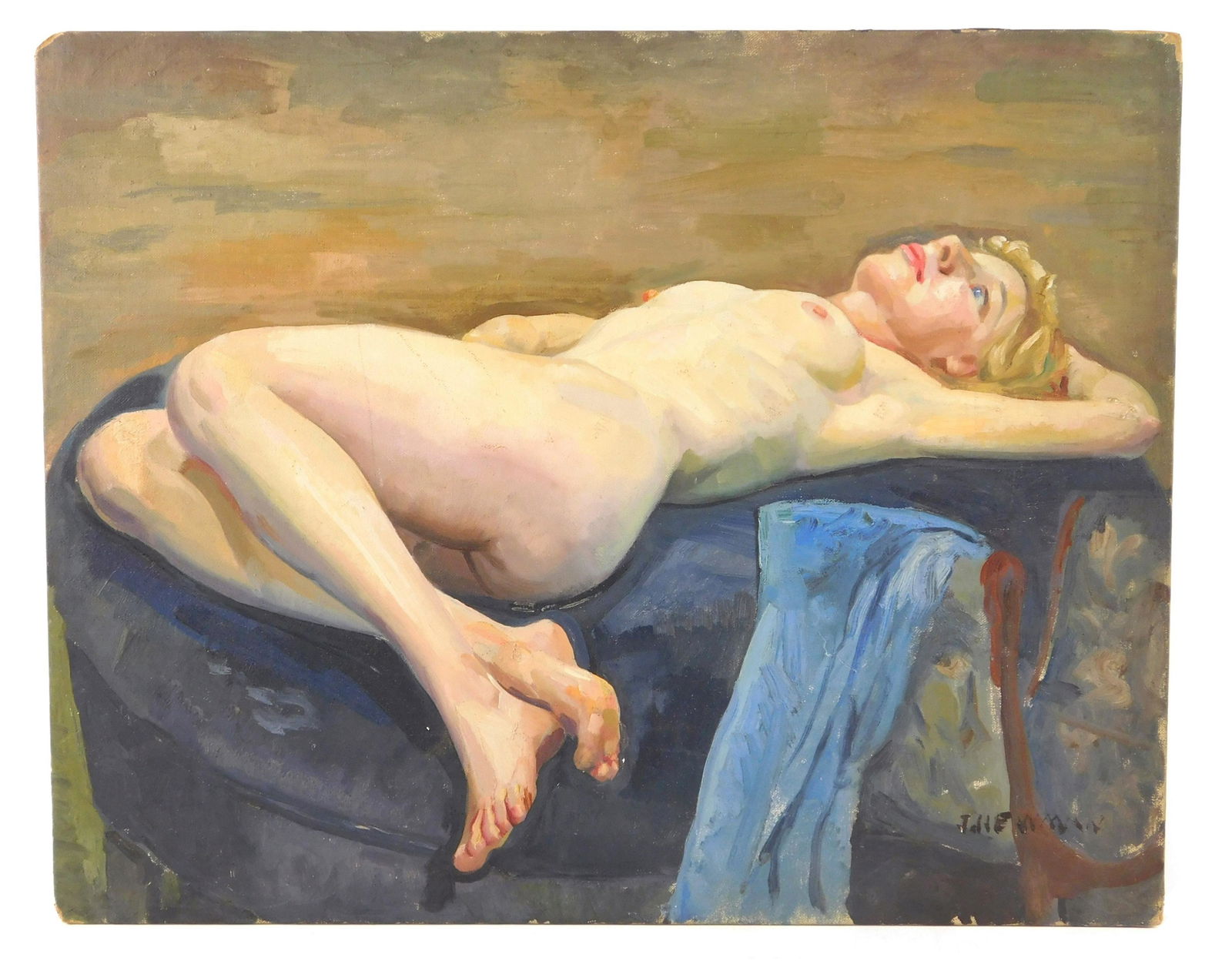 John Beatly Newman (Canada, b. 1933), oil on canvas: John Beatly Newman (Canada, b. 1933), oil on canvas board, blonde woman lays nude on bed, a bench beside her holds a blue cloth, she looks up at ceiling, signed lower right, unframed, wear consistent