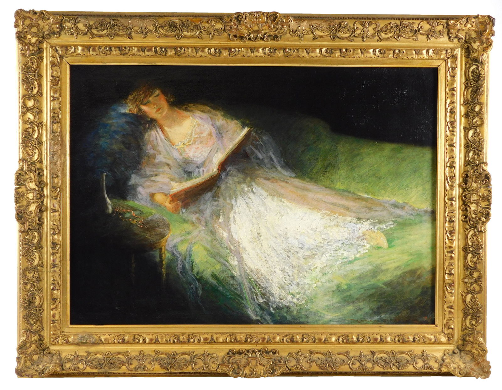 Early 20th C. oil on canvas, dated 1918, woman with (1 of 3)