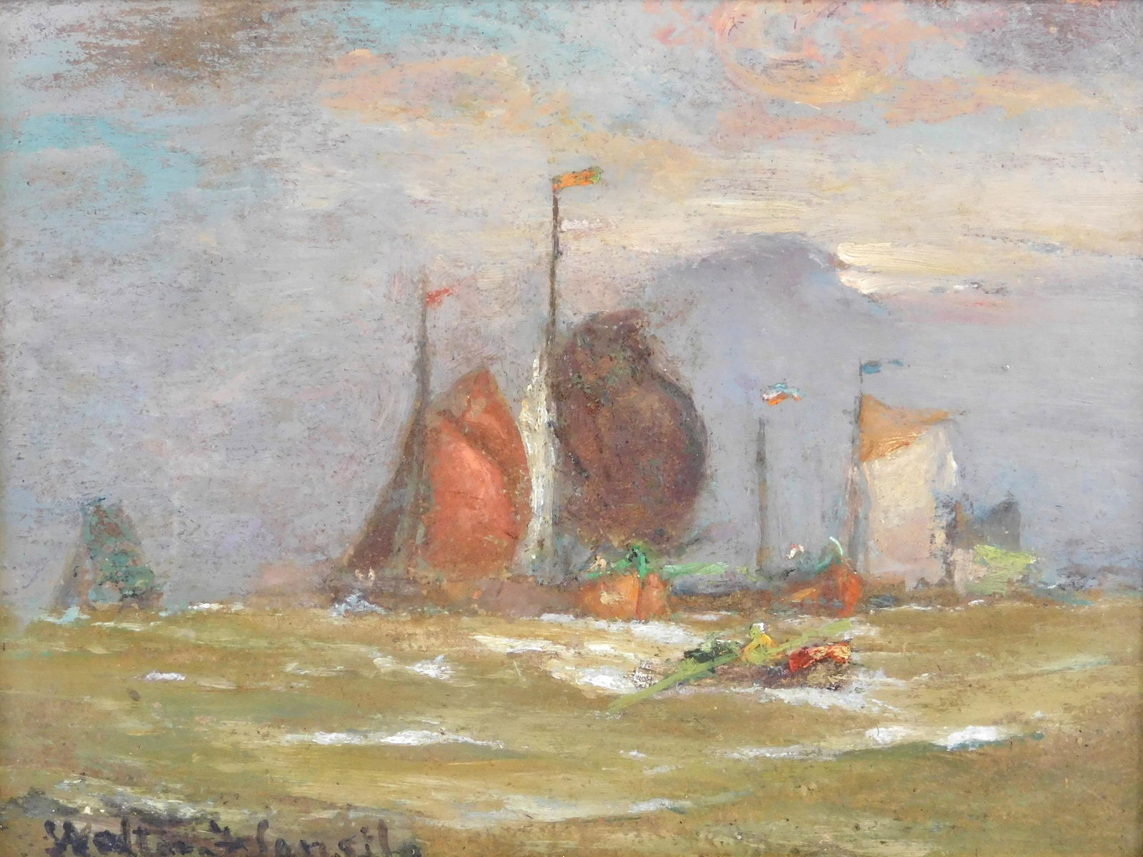 Walter F. Lansil (American, 1846-1925), oil on board,: Walter F. Lansil (American, 1846-1925), oil on board, "Dutch Boats Making Harbor", many sail boats and a row boat in choppy water, murky tone to seawater, largest boats with rusty reddish sails, small