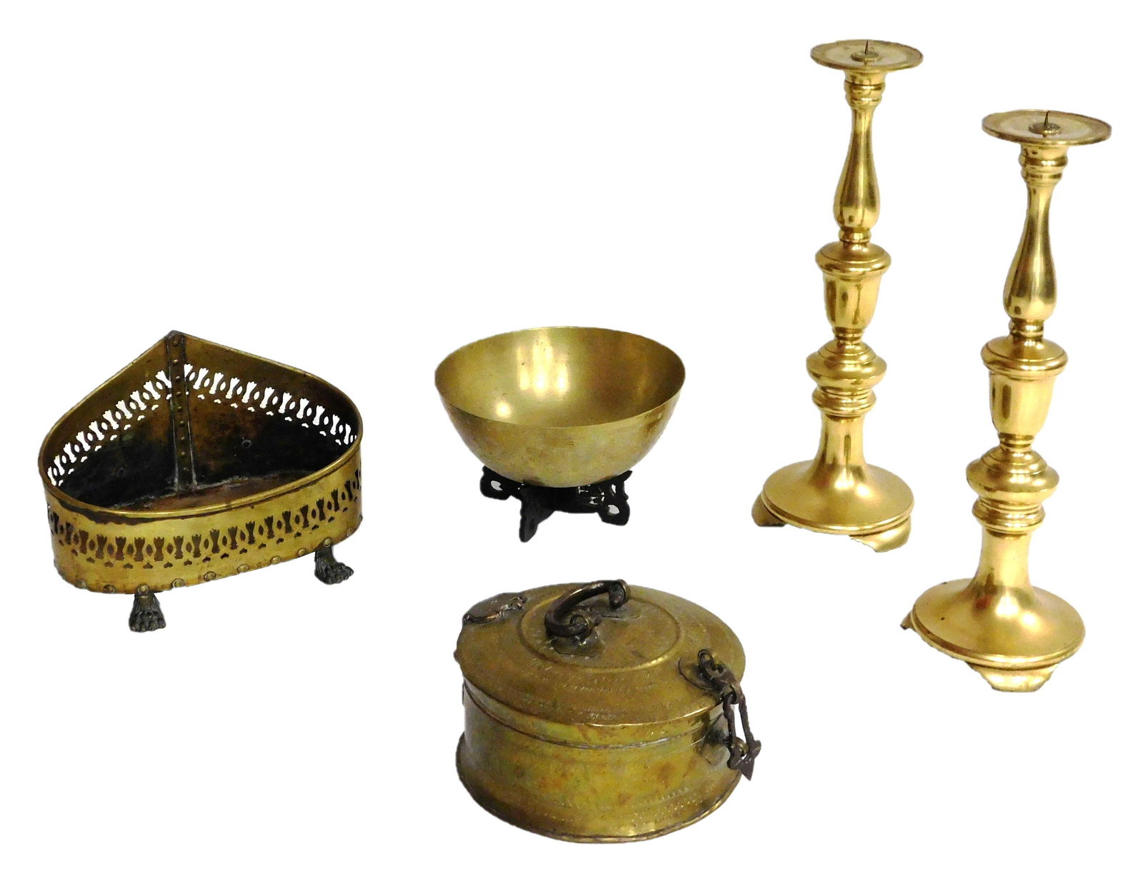 19th/20th C. Brass, five pieces: pair of pricket stick (1 of 7)
