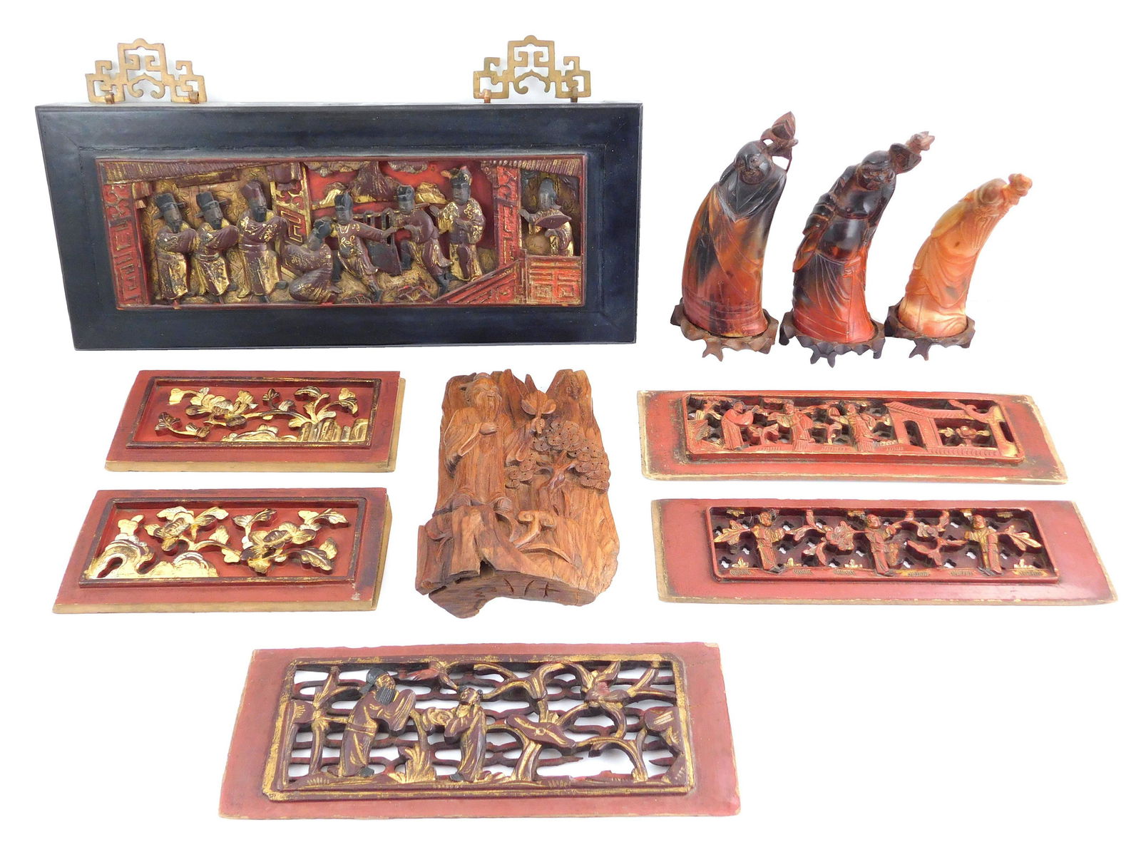 ASIAN: Seven Asian wood carved plaques and three carved (1 of 6)