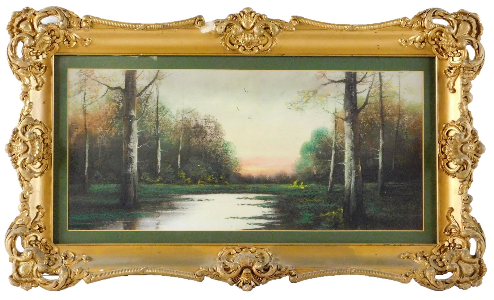 Serene 20th C. pastel landscape with calm water through (1 of 2)