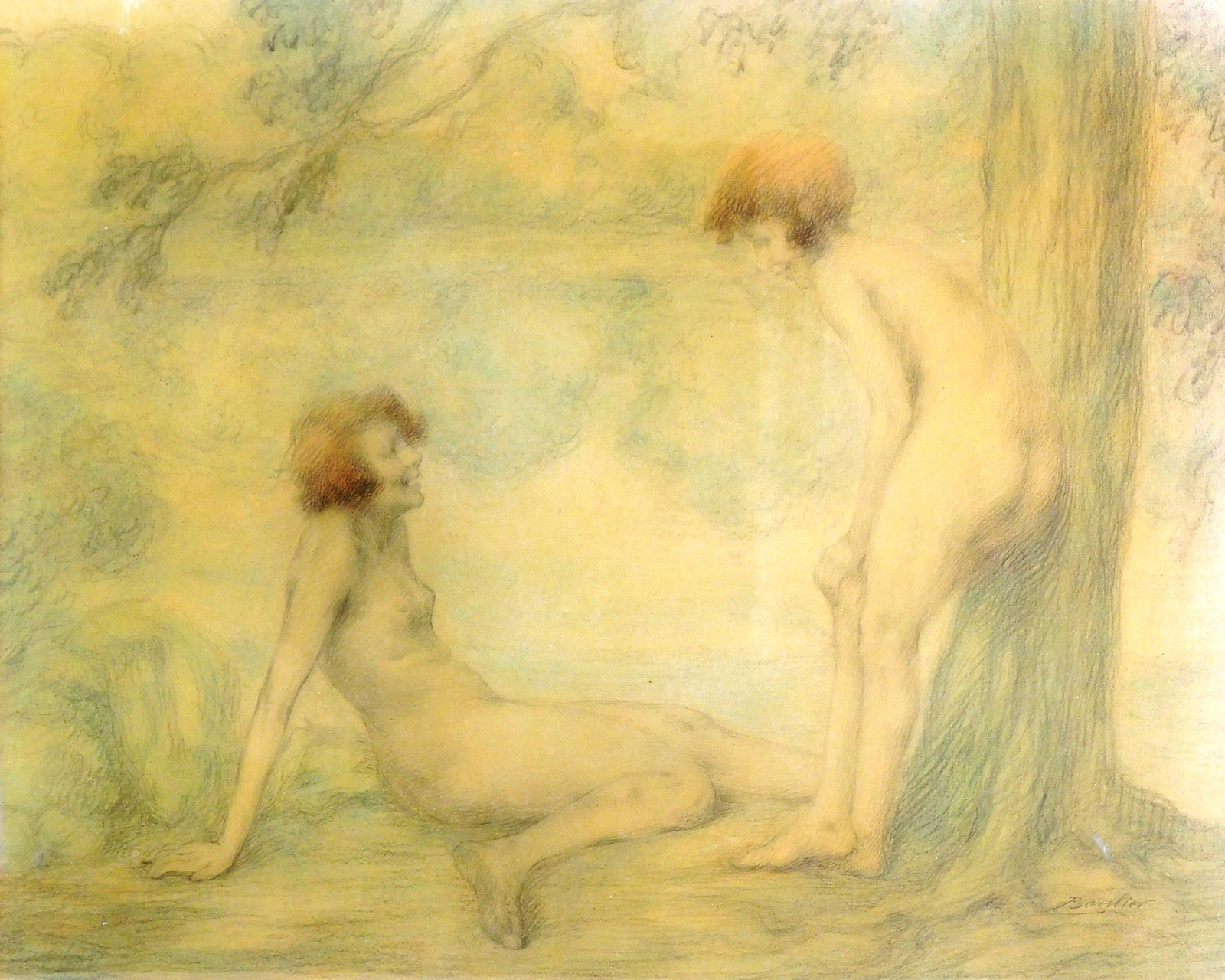 Lucien Boulier (France) 1882-1963. Two Nude Women: Lucien Boulier (France) 1882-1963. Two Nude Women Chatting in the Woods. Pastel, colored crayons and graphite on textured board, c. 1920. Signed, l.r. 394 x 501 mm. (15 _ x 19 _ in.) Framed.