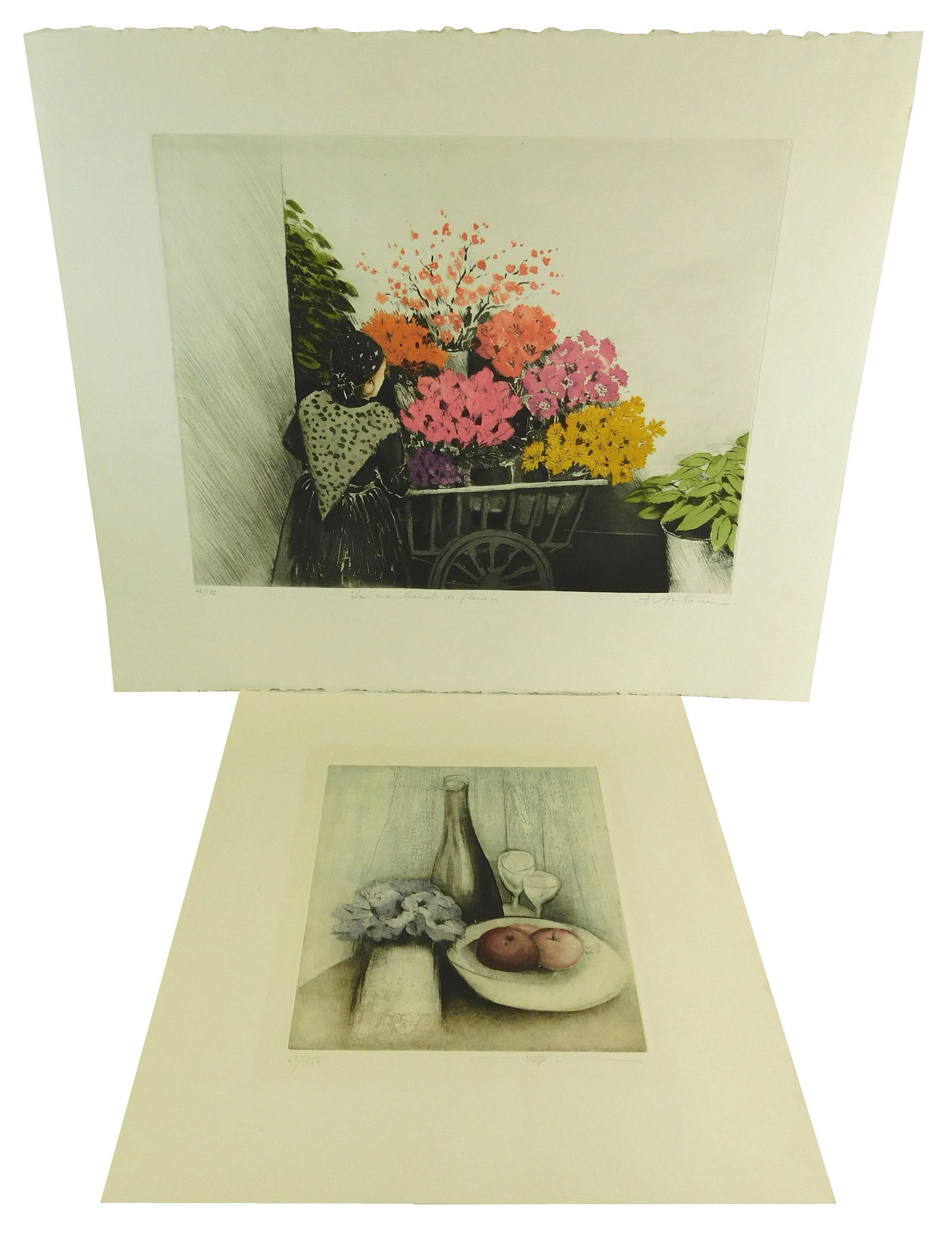 Annapia Antonini (France) b: Annapia Antonini (France) b. 1942. La Marchande de fleurs. Etching, c. 1980. Ed: 175. Signed with pencil, l.r., titled with pencil, l.c. and inscribed with pencil, "43/175". Printed in colors on sturd
