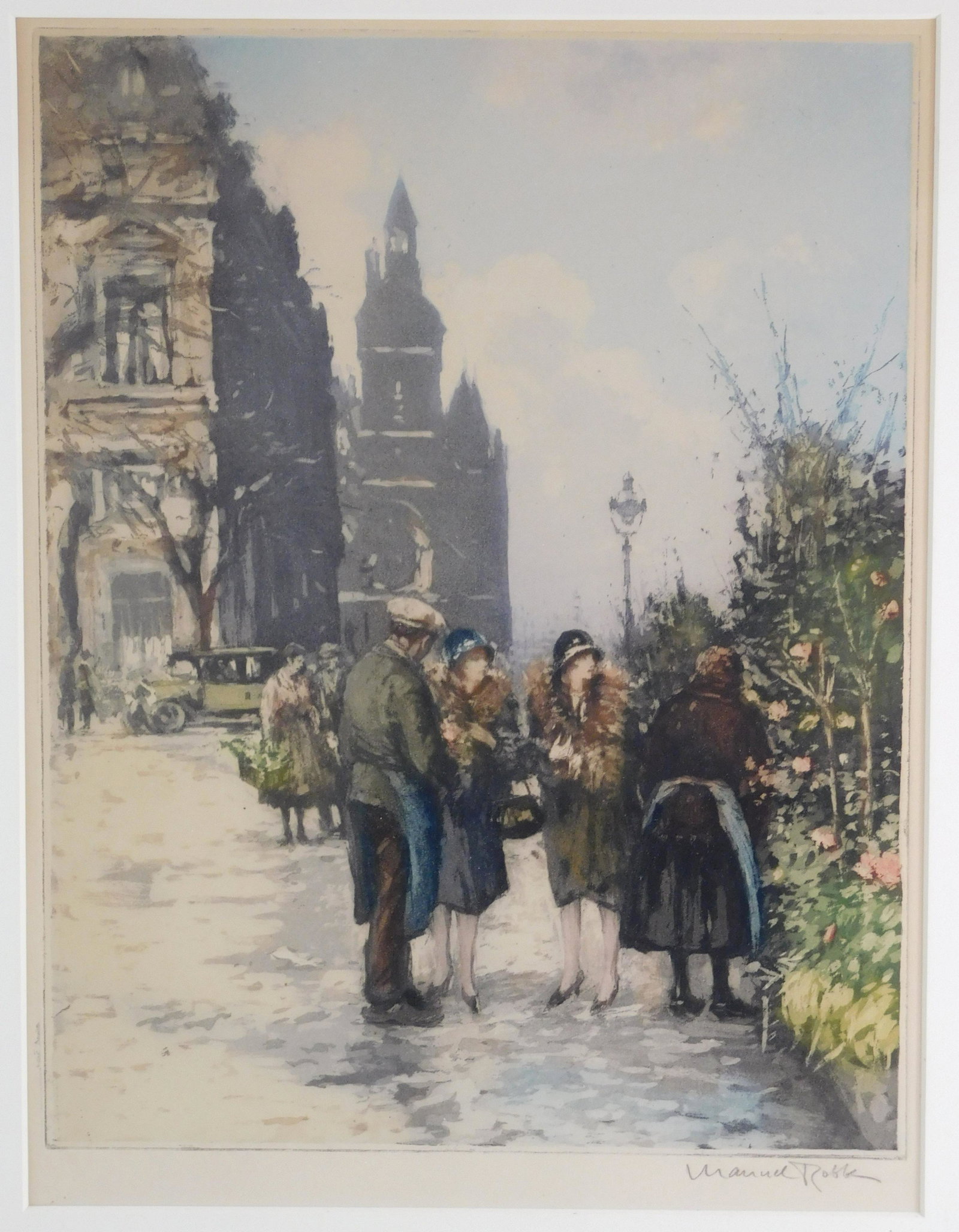Manuel Robbe (France) 1872-1936. Marché aux: Manuel Robbe (France) 1872-1936. Marché aux fleurs, Paris. Etching and aquatint, c. 1912. Perussaux 288. Ed: 100 (?). signed with pencil, l.r. Printed by the artist in colors on BFK Rives laid pa