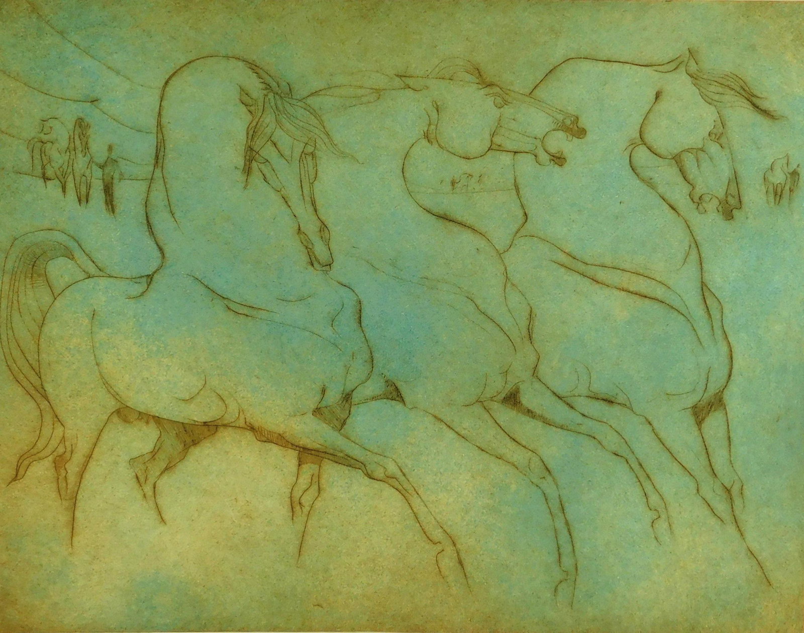 Paul de Chabot (France) b. 1932. Chevals courants.: Paul de Chabot (France) b. 1932. Chevals courants. Lithograph, c. 1980. Ed: 99. Signed with pencil, l.r. Inscribed with pencil "32/99", l.l. Printed in colors on sturdy cream wove paper with complete 