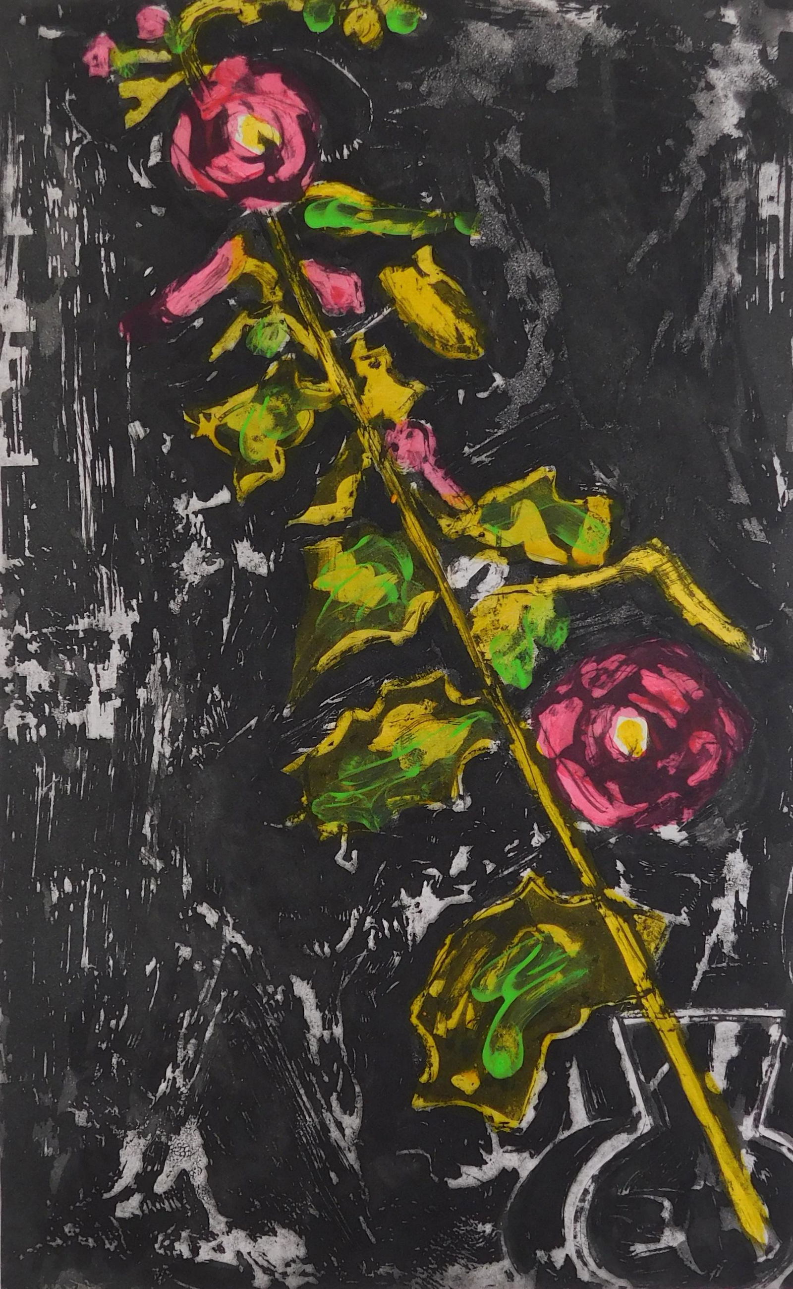 John Walker (British) b. 1939. Diagonal Hollyhocks.: John Walker (British) b. 1939. Diagonal Hollyhocks. Etching and aquatint with applied hand-coloring, 2003. Ed: 201 (with 20 artist proofs and 3 studio proofs). The 2003 presentation print for The Prin