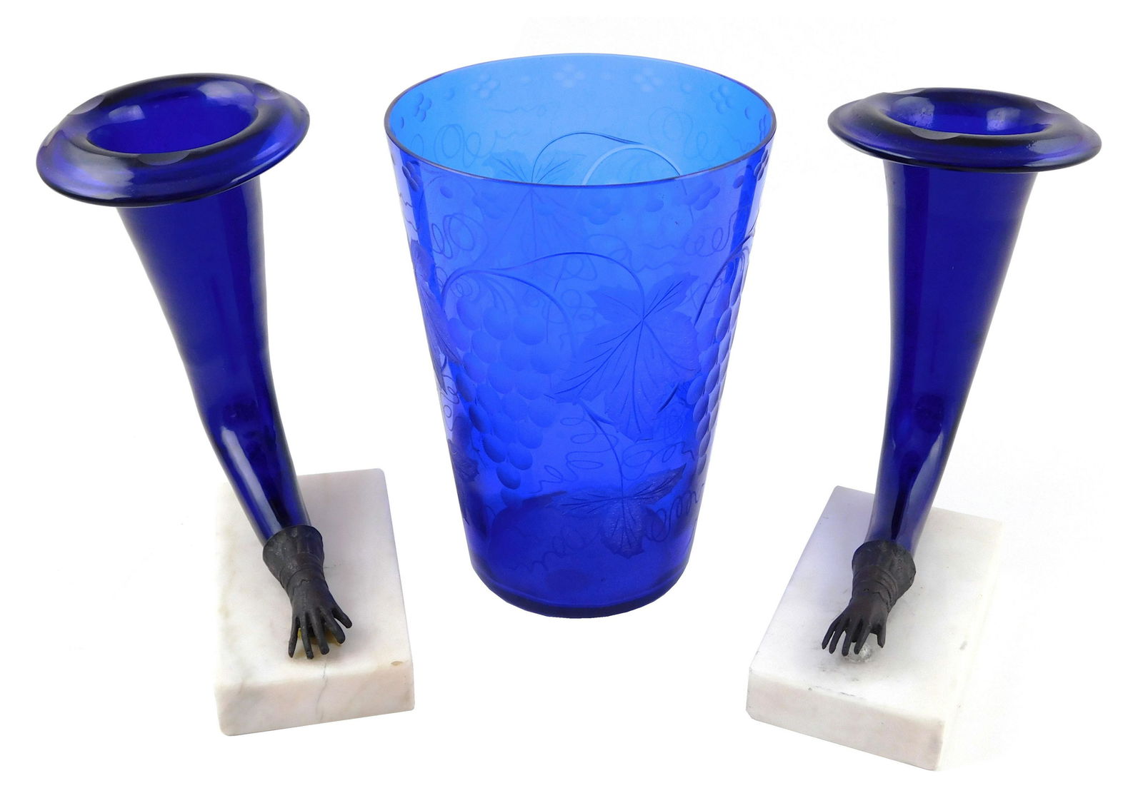 GLASS: Three cobalt glass vases, including pair of (1 of 4)