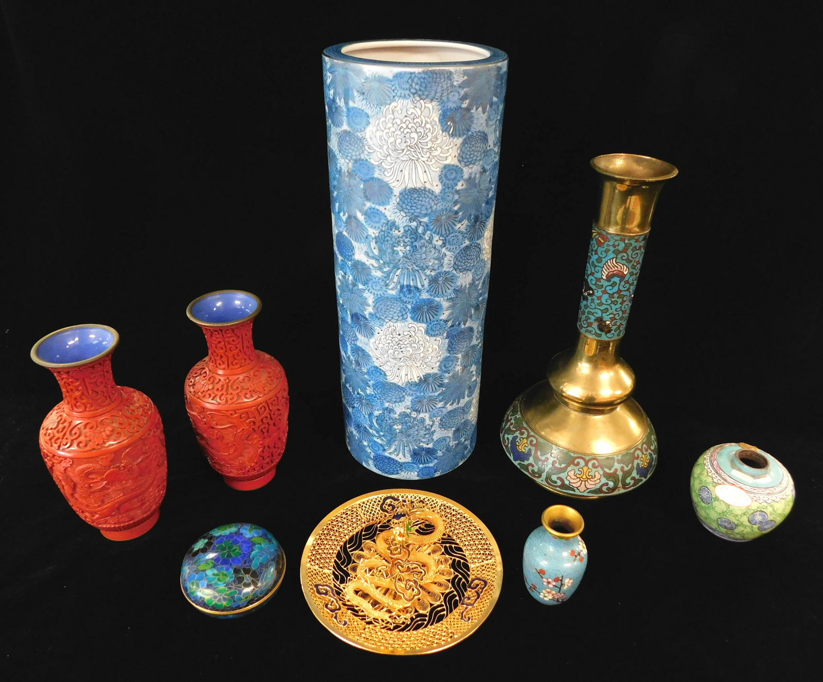ASIAN: Chinese decorative objects, 19th and 20th C.,: ASIAN: Chinese decorative objects, 19th and 20th C., seven pieces, including: pair of cinnabar vases carved with dragons; an enamel decorated stoneware jar; a brass wire and enamel dish with three dim