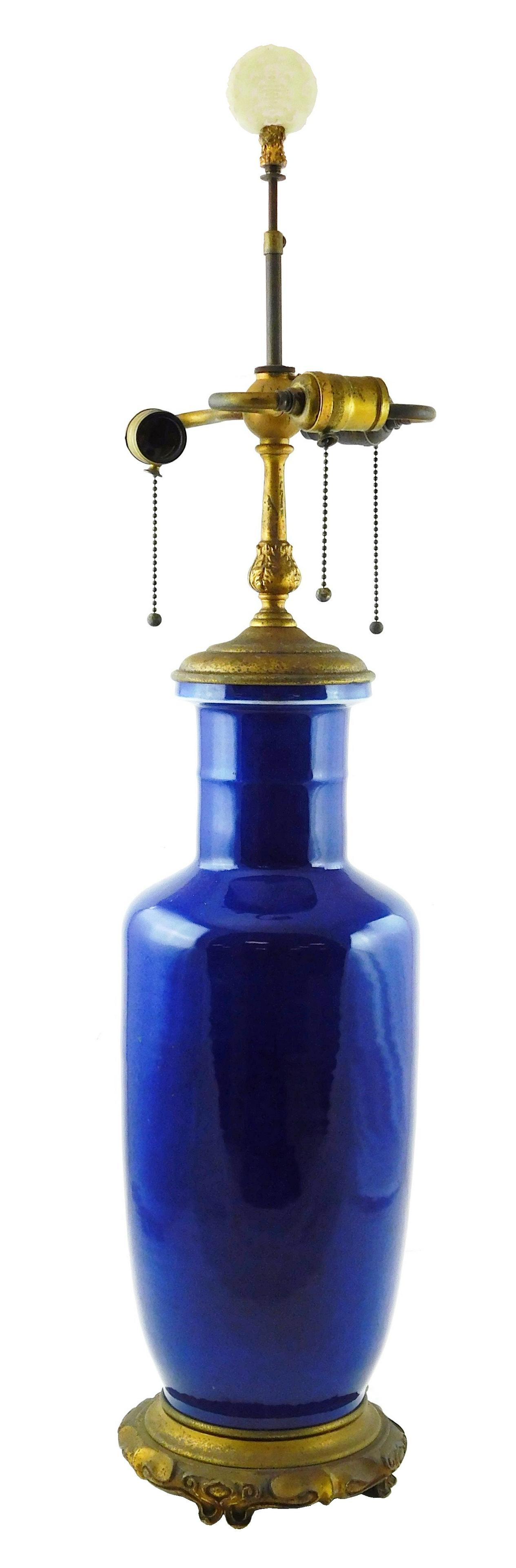Cobalt blue glazed table lamp, porcelain, urn form with (1 of 3)