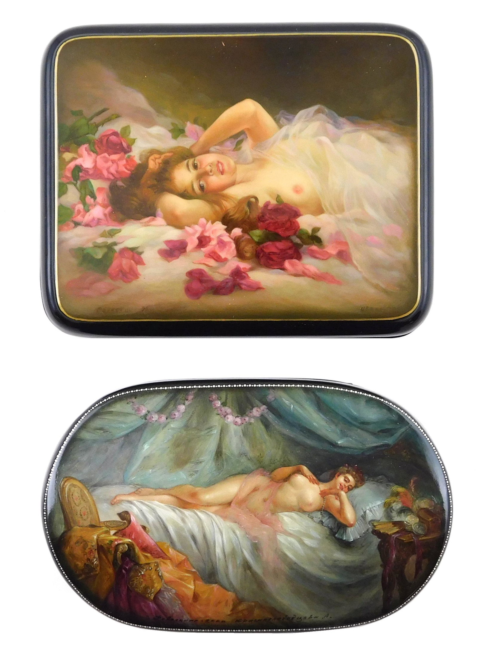 Russian hand-painted lacquer boxes, group of two, both: Russian hand-painted lacquer boxes, group of two, both beautifully painted and signed female reclining nudes, details include: "Good Morning" by Krasnoslobodtseva, Fedoskino school, depicts a beautifu