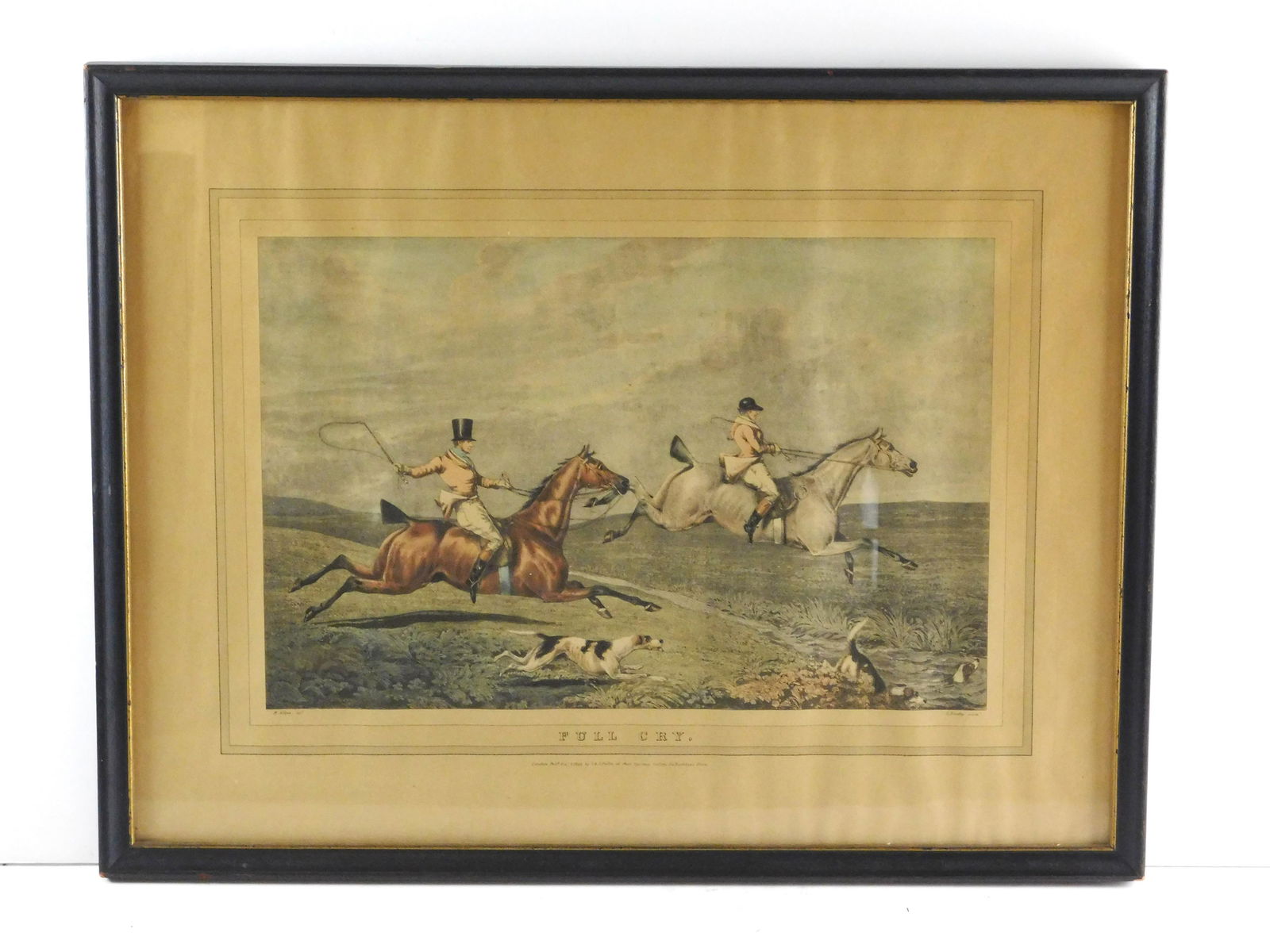 Henry Thomas Alken & C. Bentley, "Full Cry", framed: Henry Thomas Alken & C. Bentley, "Full Cry", framed print with visible plate mark, two dapper riders on horseback, they appear to be moving at a fast pace through rolling hills, wear consistent with a