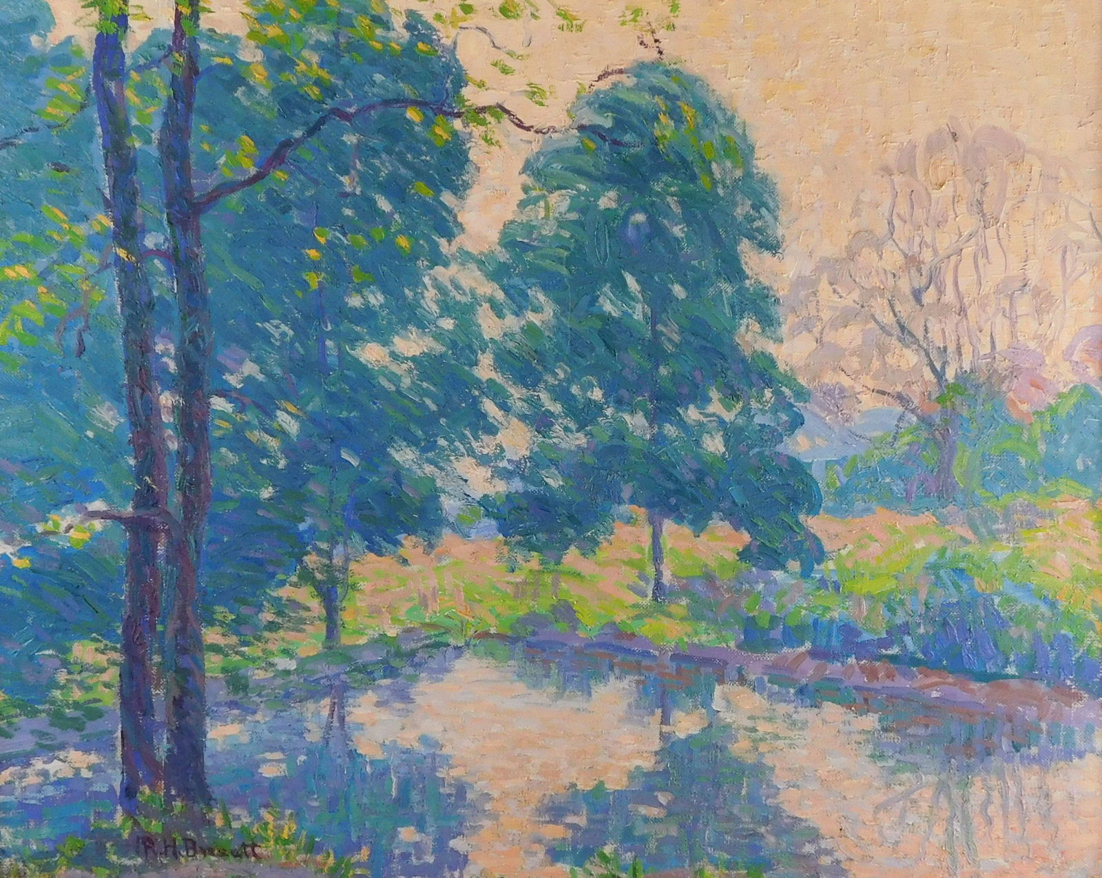 Richard H. Bassett (Mass., 1900-1995), oil on canvas,: Richard H. Bassett (Mass., 1900-1995), oil on canvas, 1918, summer landscape scene of cool-toned trees surrounding a calm body of water, signed lower left, many estate stamps verso, accompanied by cer