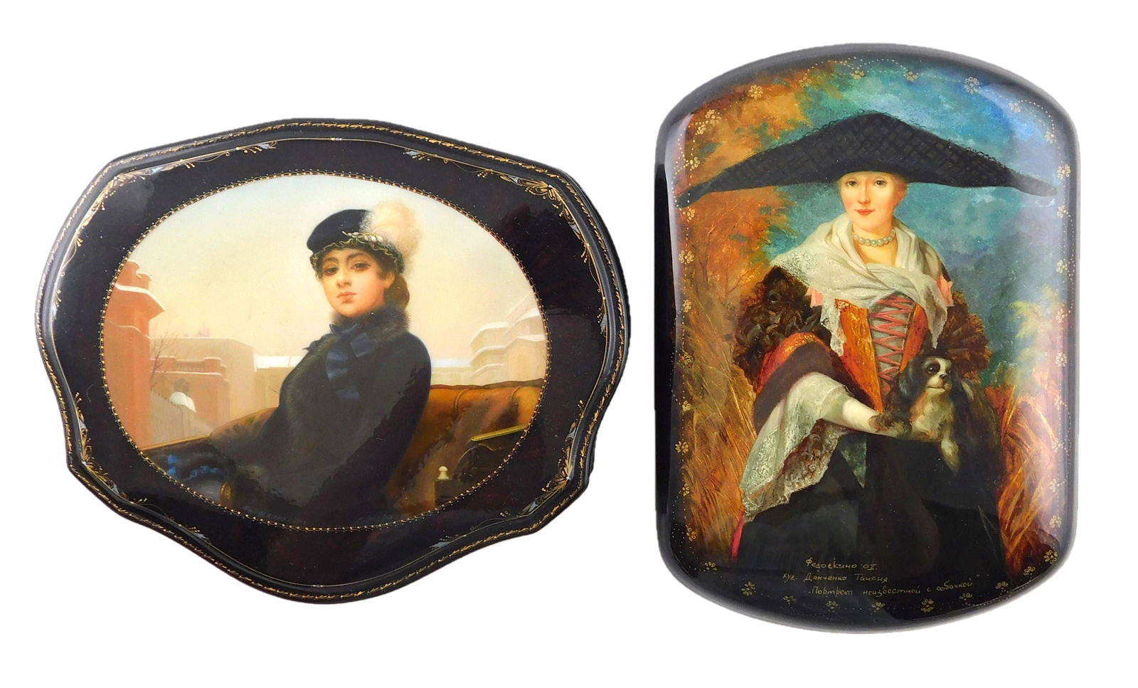 Russian hand-painted lacquer boxes, group of two, both (1 of 4)