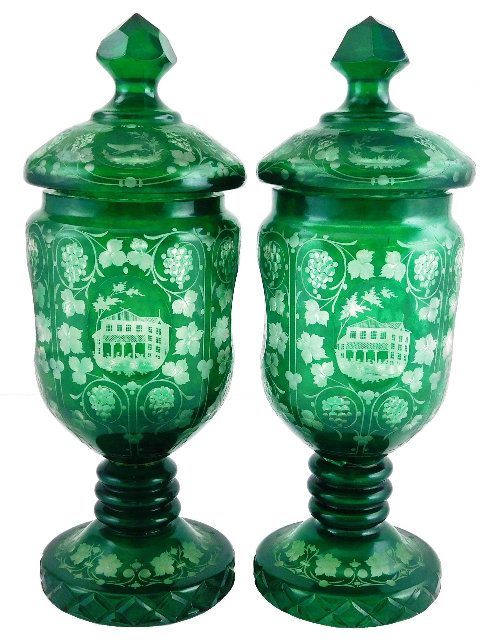Pair of Bohemian glass covered urns, emerald green cut (1 of 5)