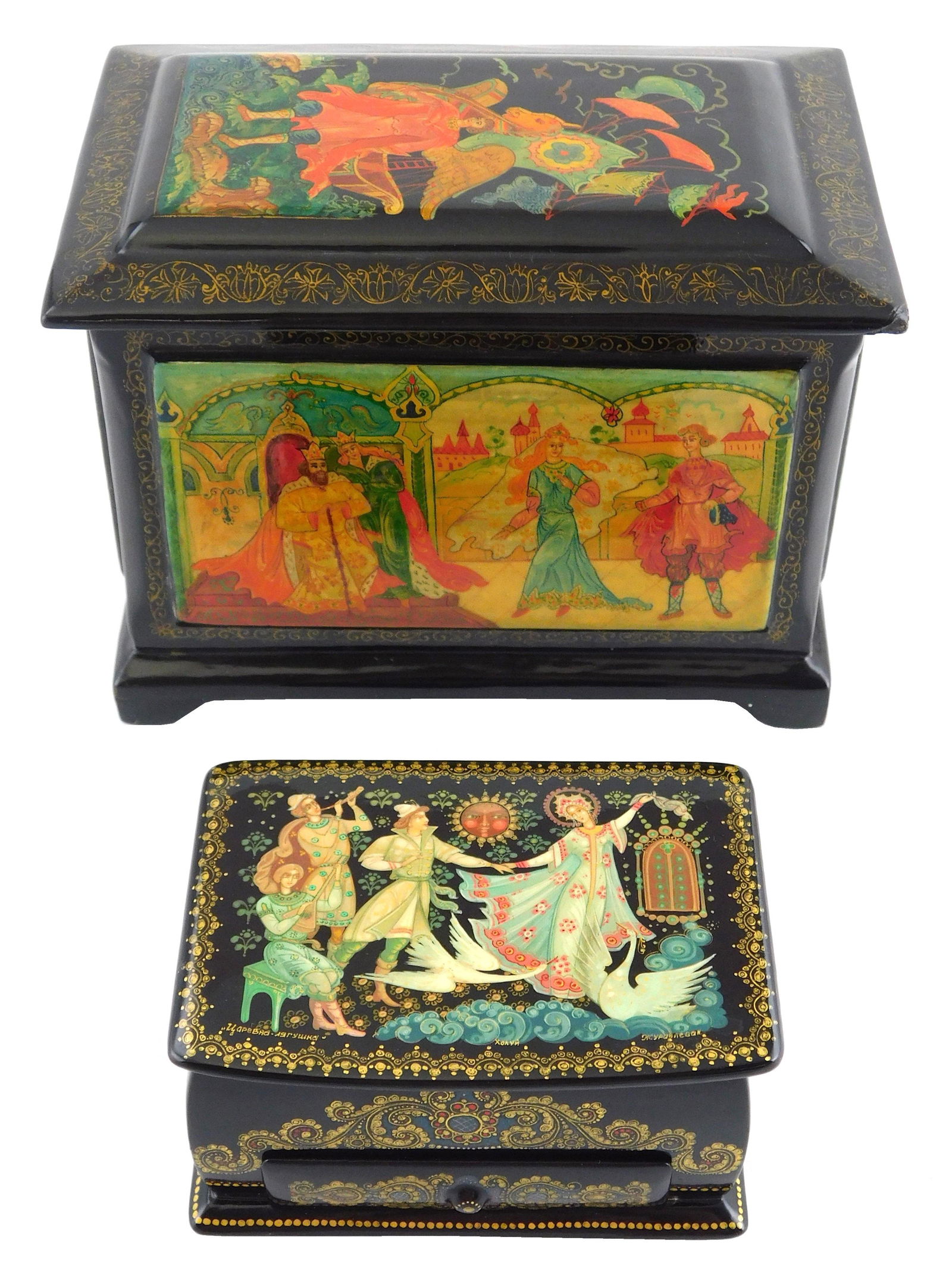 Russian hand-painted lacquer boxes, group of two (1 of 5)