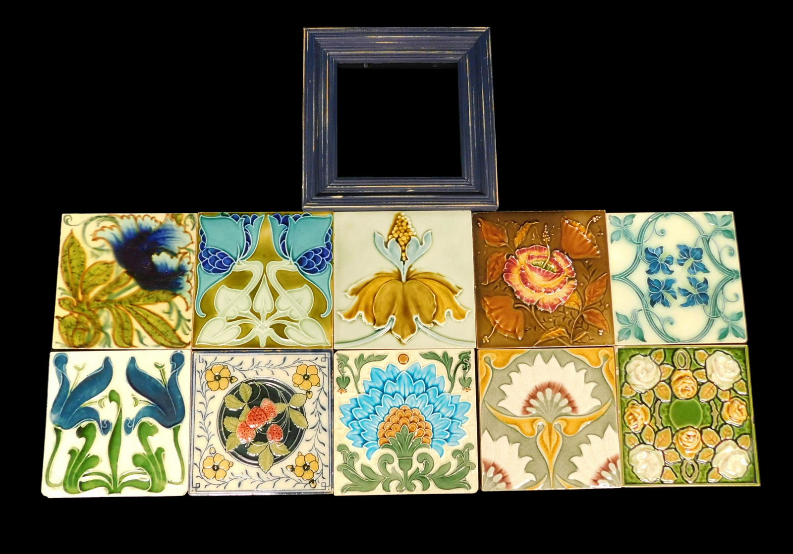 Ten ceramic Art Nouveau tiles, c. 1890-1915, various (1 of 4)