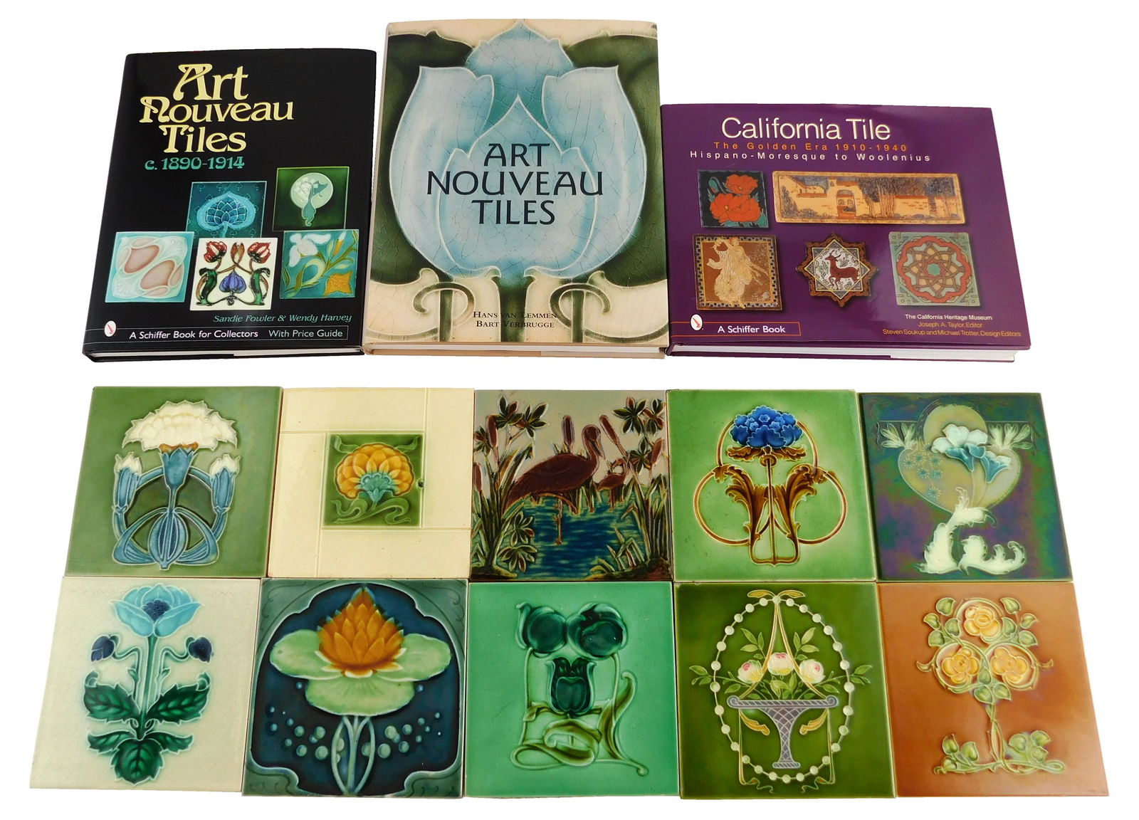 Ten ceramic Art Nouveau tiles with four books, tiles c. (1 of 4)