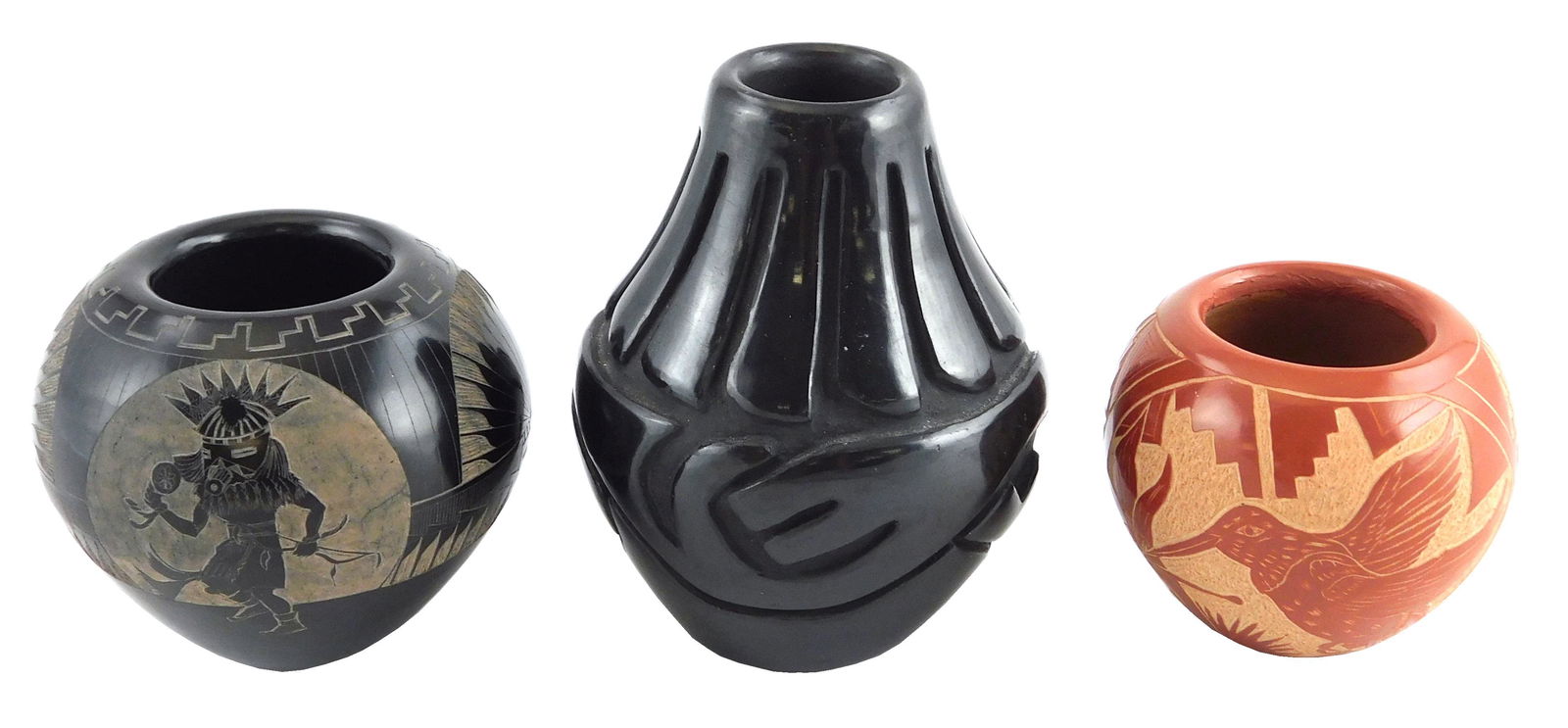 TRIBAL: Native American sgraffito pottery, three signed (1 of 7)