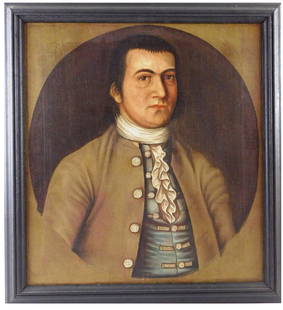18th C. oil on canvas, old label stating "Nathaniel: 18th C. oil on canvas, old label stating "Nathaniel Chandler, painted by Winthrop Chandler" (Connecticut, 1747-1790), portrait of gentleman with blue vest in rondel, his jacket and vest have pronounce
