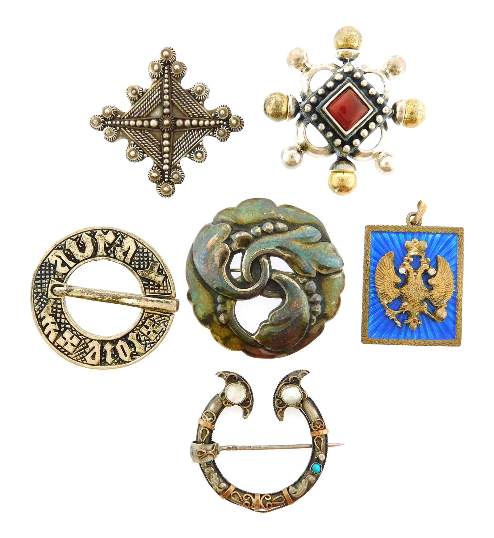 JEWELRY: Georg Jensen, etc., set of five silver pins (1 of 4)