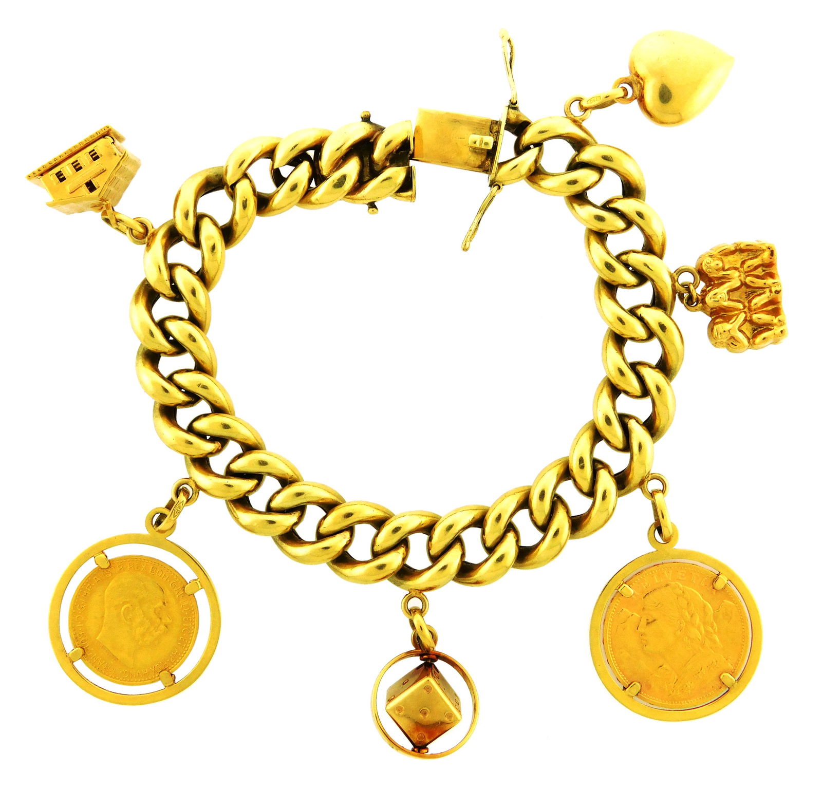 JEWELRY: 18K Charm bracelet with six charms, hollow, (1 of 5)