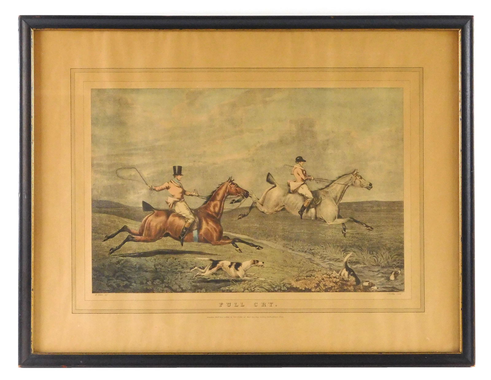 Henry Thomas Alken & C. Bentley, "Full Cry", framed: Henry Thomas Alken & C. Bentley, "Full Cry", framed print with visible plate mark, two dapper riders on horseback, they appear to be moving at a fast pace through rolling hills, wear consistent with a