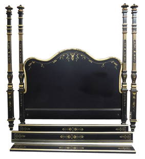Julia Gray King size poster bed by E.J. Victor,: Julia Gray King size poster bed by E.J. Victor, Chinoiserie inspired with gilded decoration on ebony finish, oversized three arch headboard and four square column posts with turned ring decoration, mo