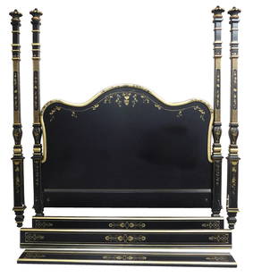 Julia Gray King size poster bed by E.J. Victor,: Julia Gray King size poster bed by E.J. Victor, Chinoiserie inspired with gilded decoration on ebony finish, oversized three arch headboard and four square column posts with turned ring decoration,