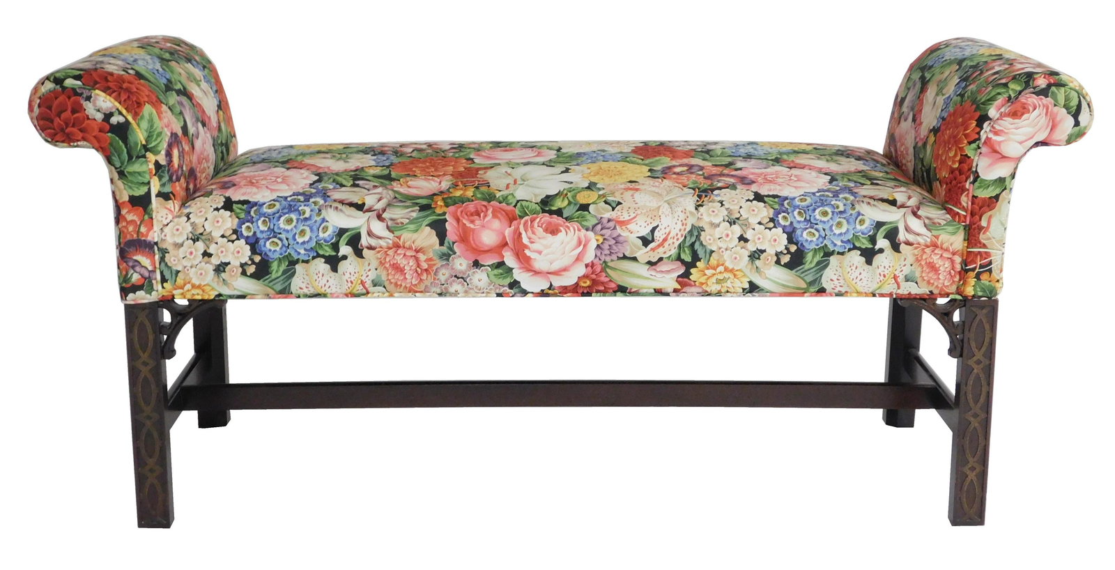 Karges upholstered bench with blind fretwork base, (1 of 3)