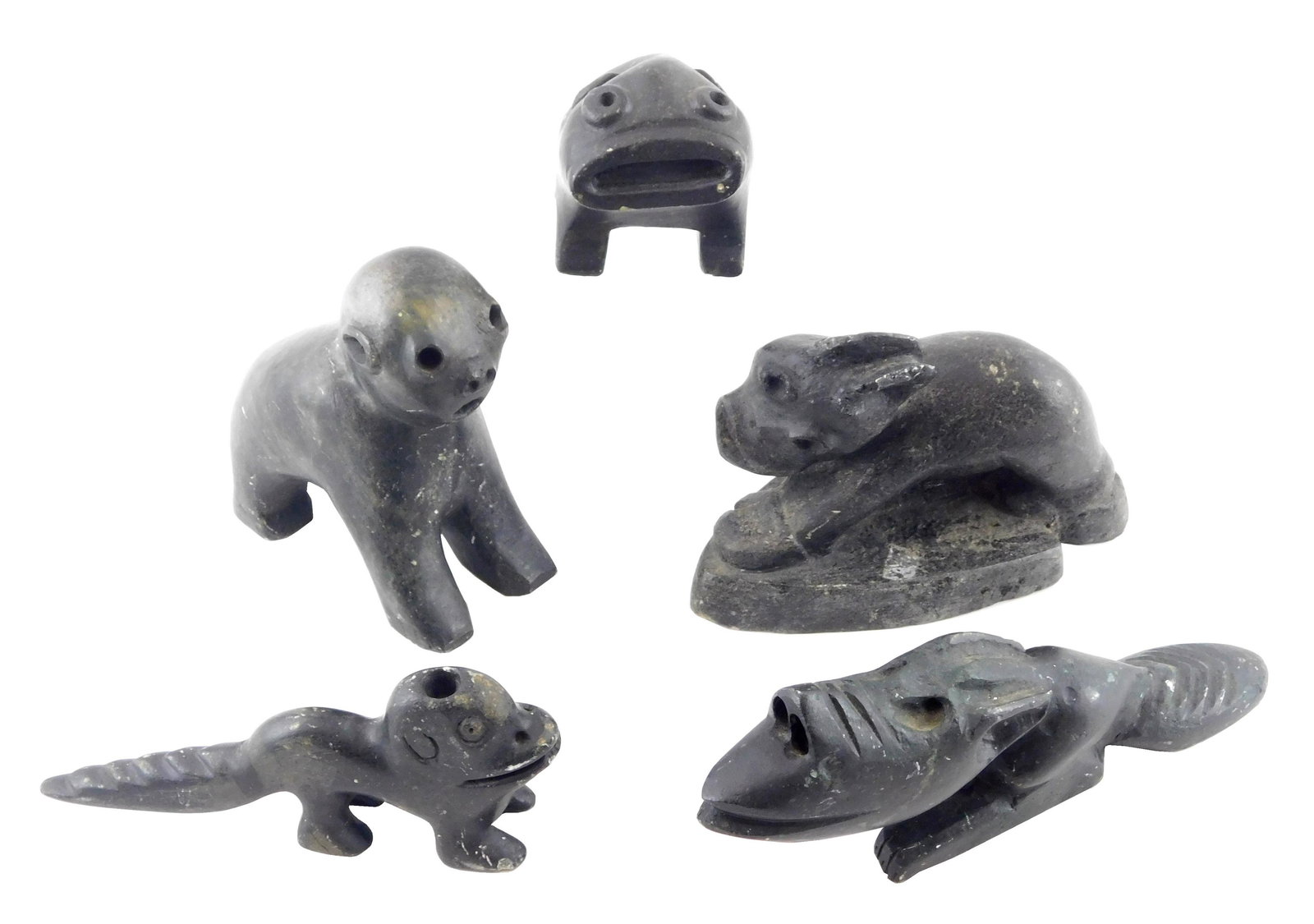 TRIBAL: Five Inuit carved black stone creatures, no (1 of 4)