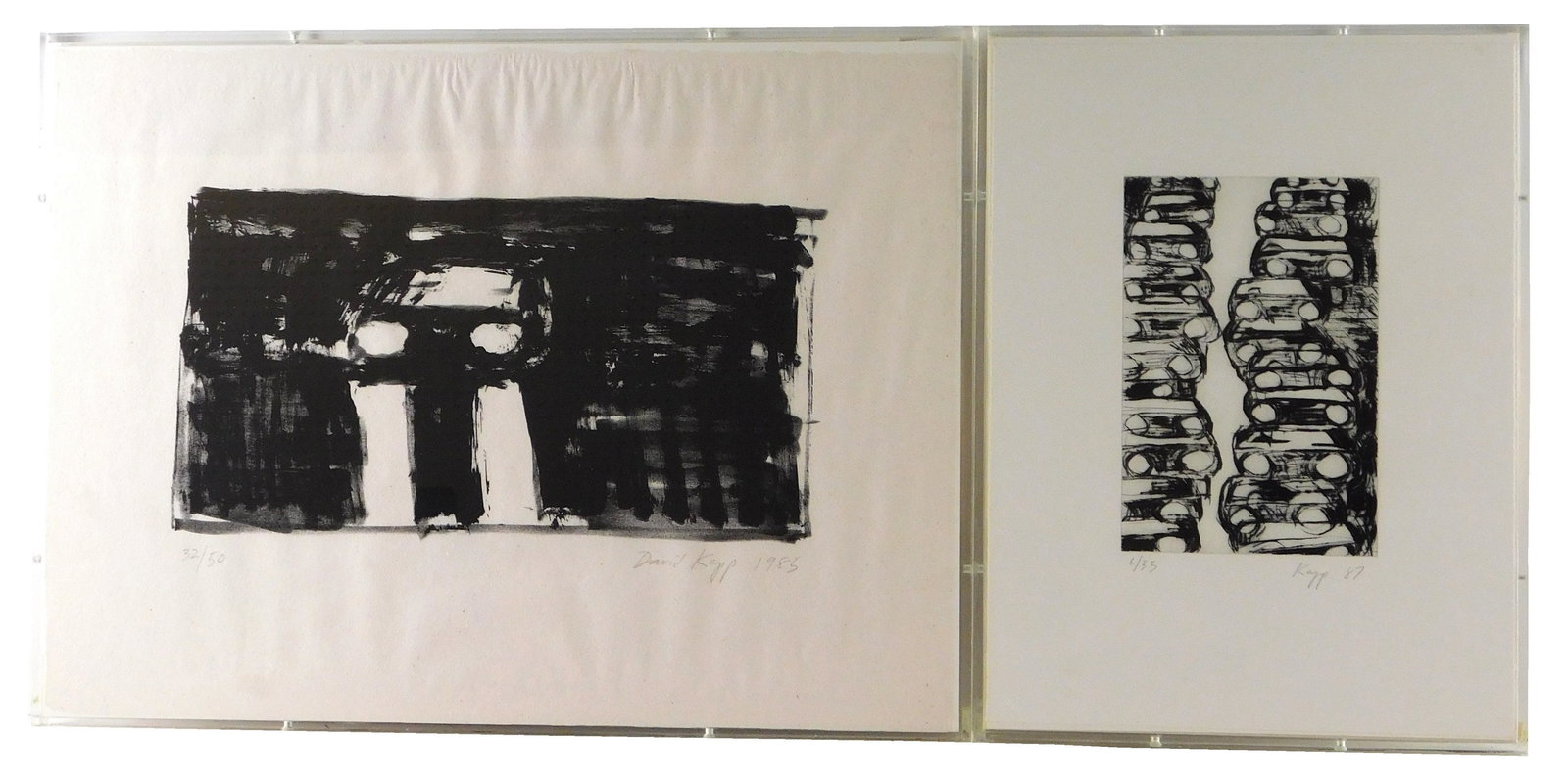 David Kapp, (American, b. 1953) two prints: "Oncoming: David Kapp, (American, b. 1953) two prints: "Oncoming Car", 1985,one color screenprint, numbered 32/50; and "Oncoming", 1987, drypoint etching, numbered 6/35, both signed and dated in lower right, bot